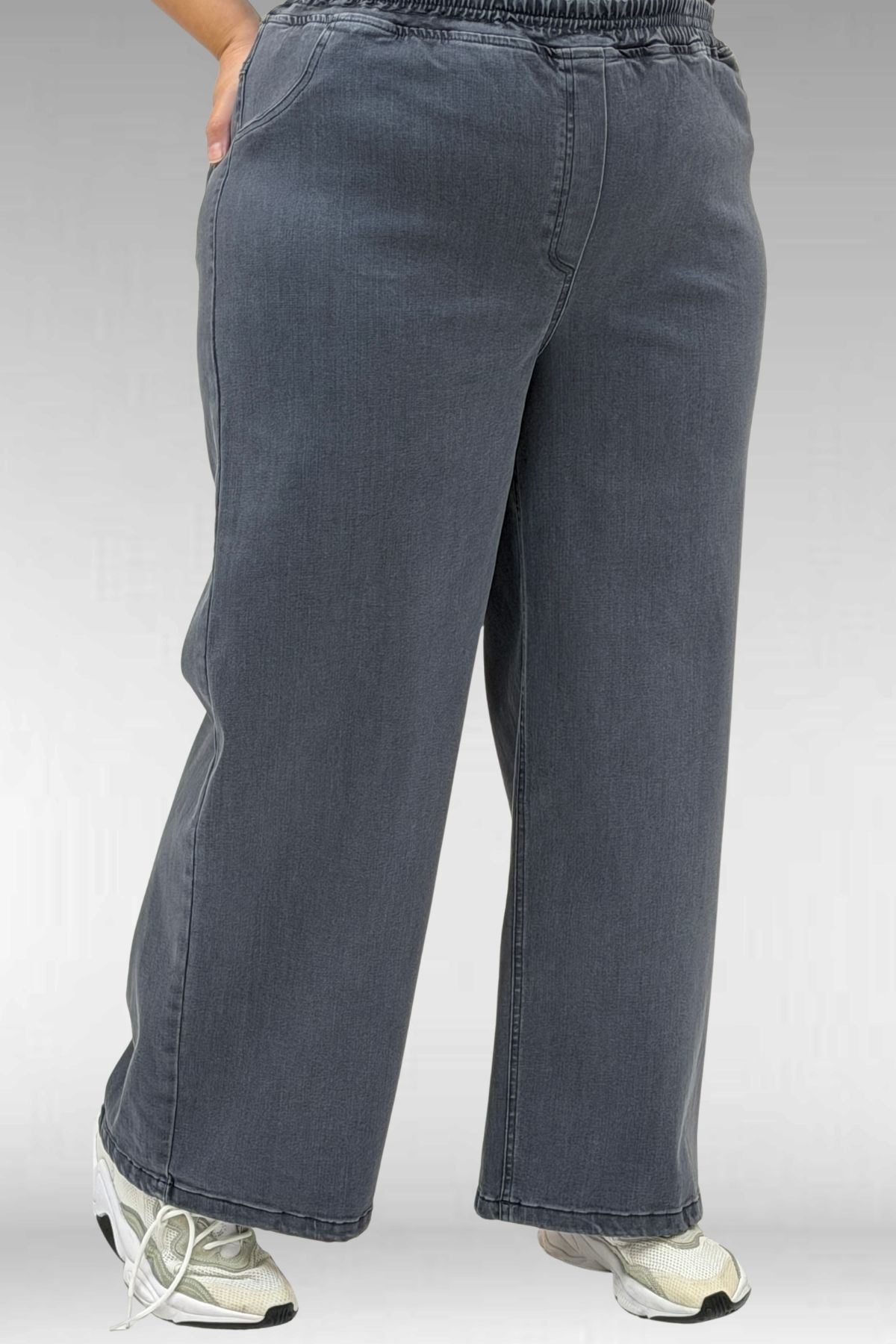 69003 Büyük Beden Beli Lastikli Bolpaça Kot Pantolon - Koyu Gri