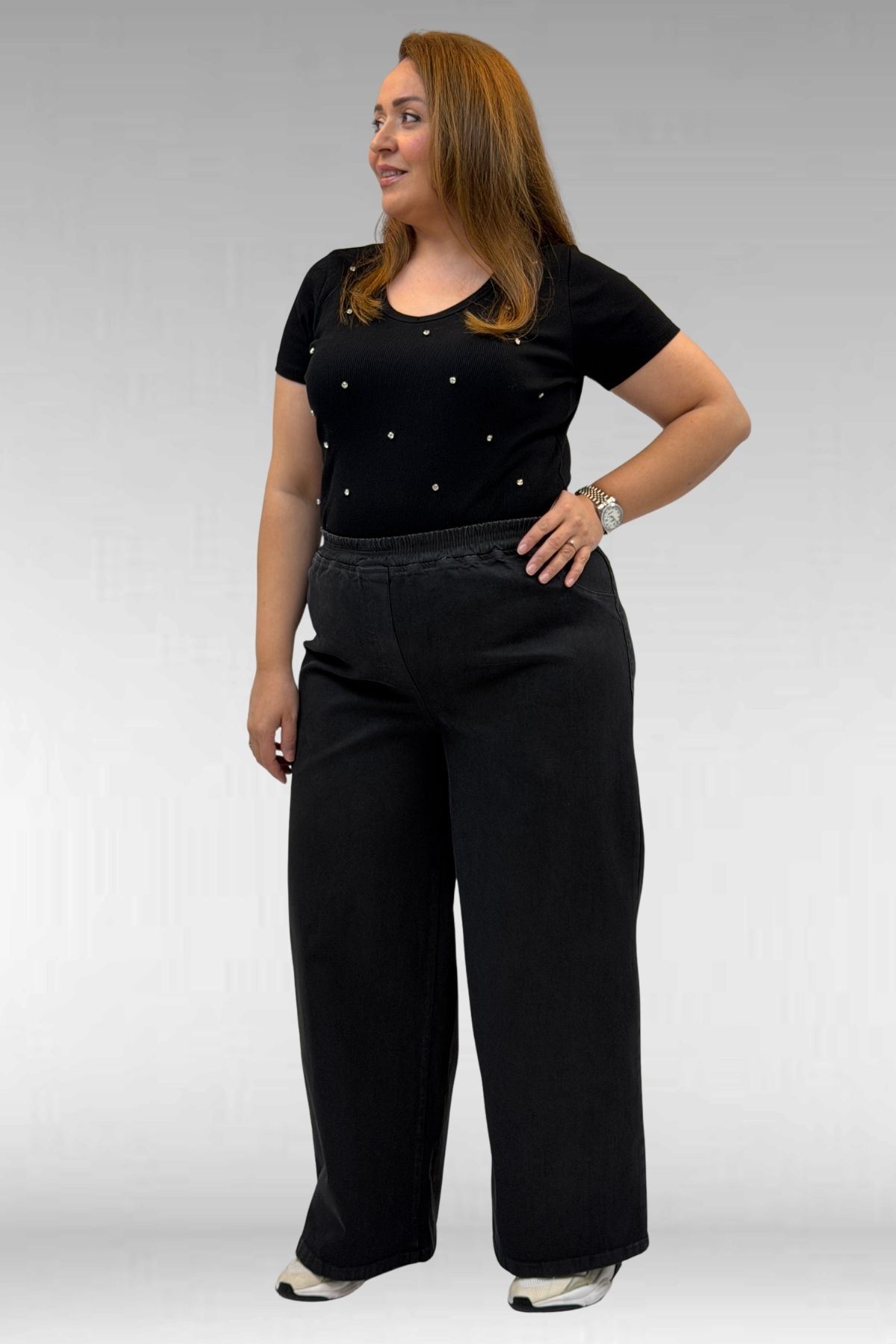 69003 Büyük Beden Beli Lastikli Bolpaça Kot Pantolon - Siyah