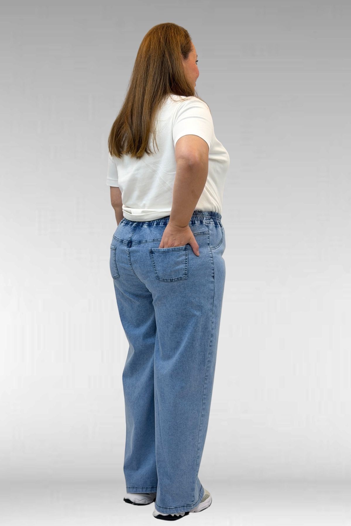 69003 Büyük Beden Beli Lastikli Bolpaça Kot Pantolon - Açık Mavi