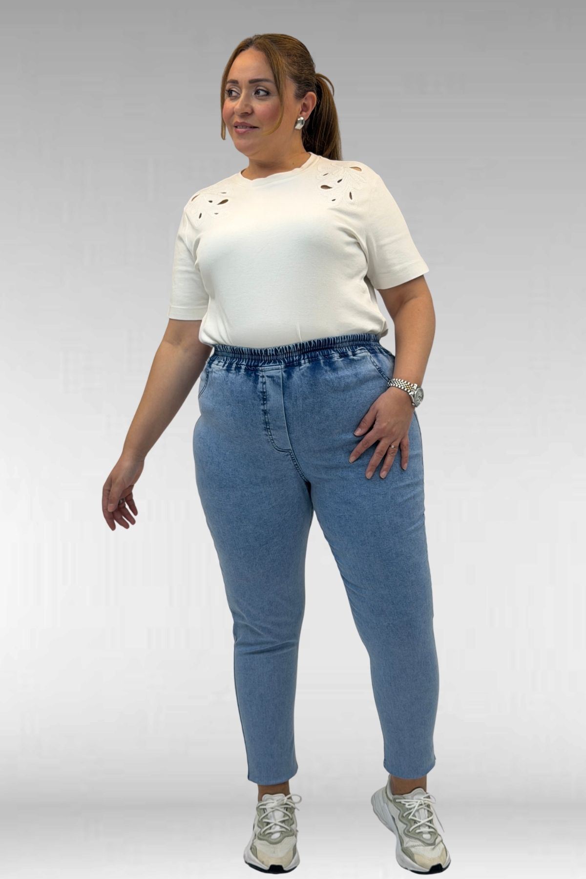 69002 Büyük Beden Beli Lastikli Darpaça Uzun Kot Pantolon - Mavi