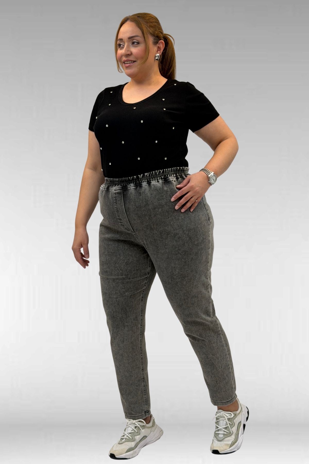 69002 Büyük Beden Beli Lastikli Darpaça Uzun Kot Pantolon - Antrasit