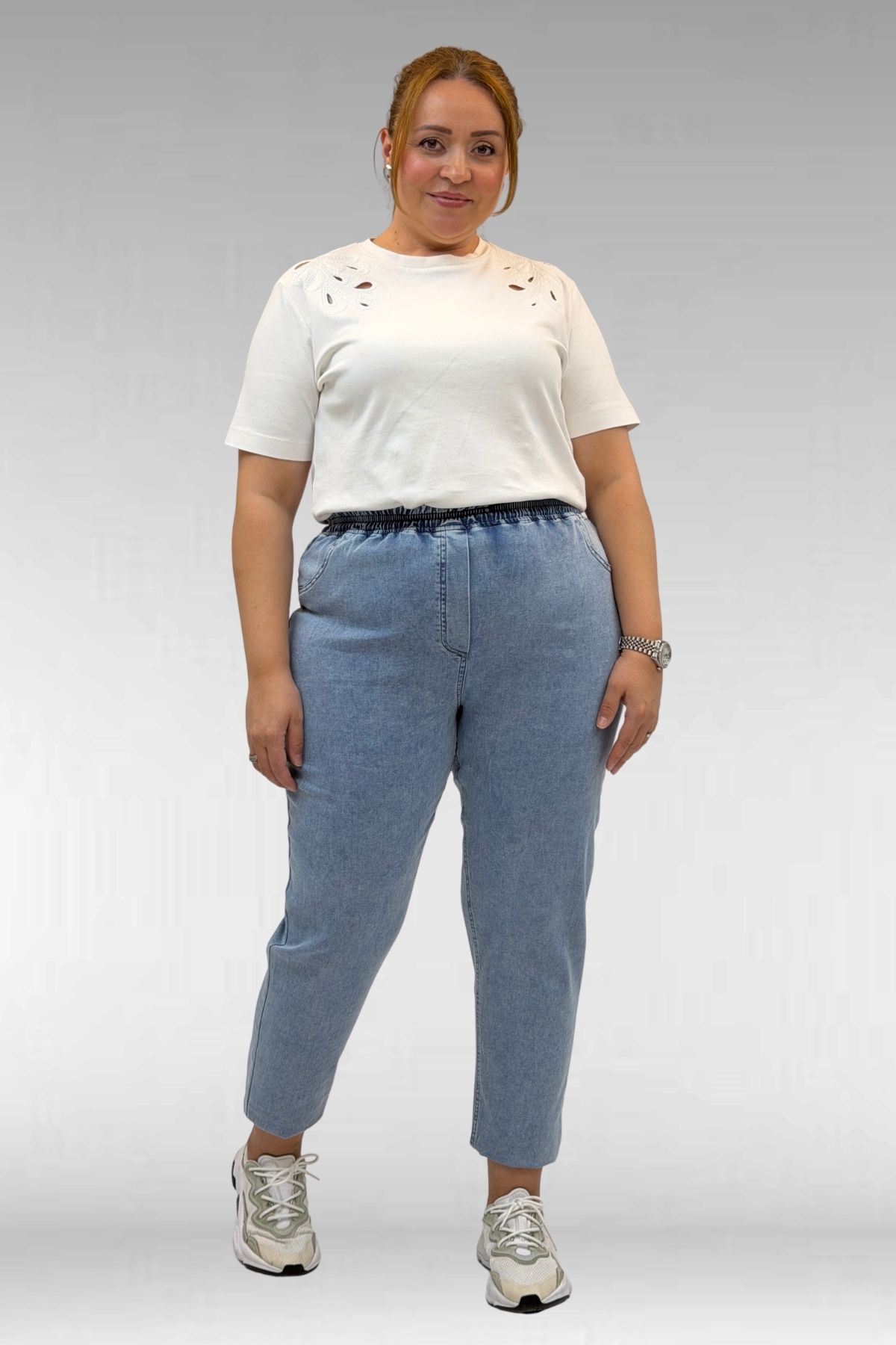 69002 Büyük Beden Beli Lastikli Darpaça Uzun Kot Pantolon - Açık Mavi