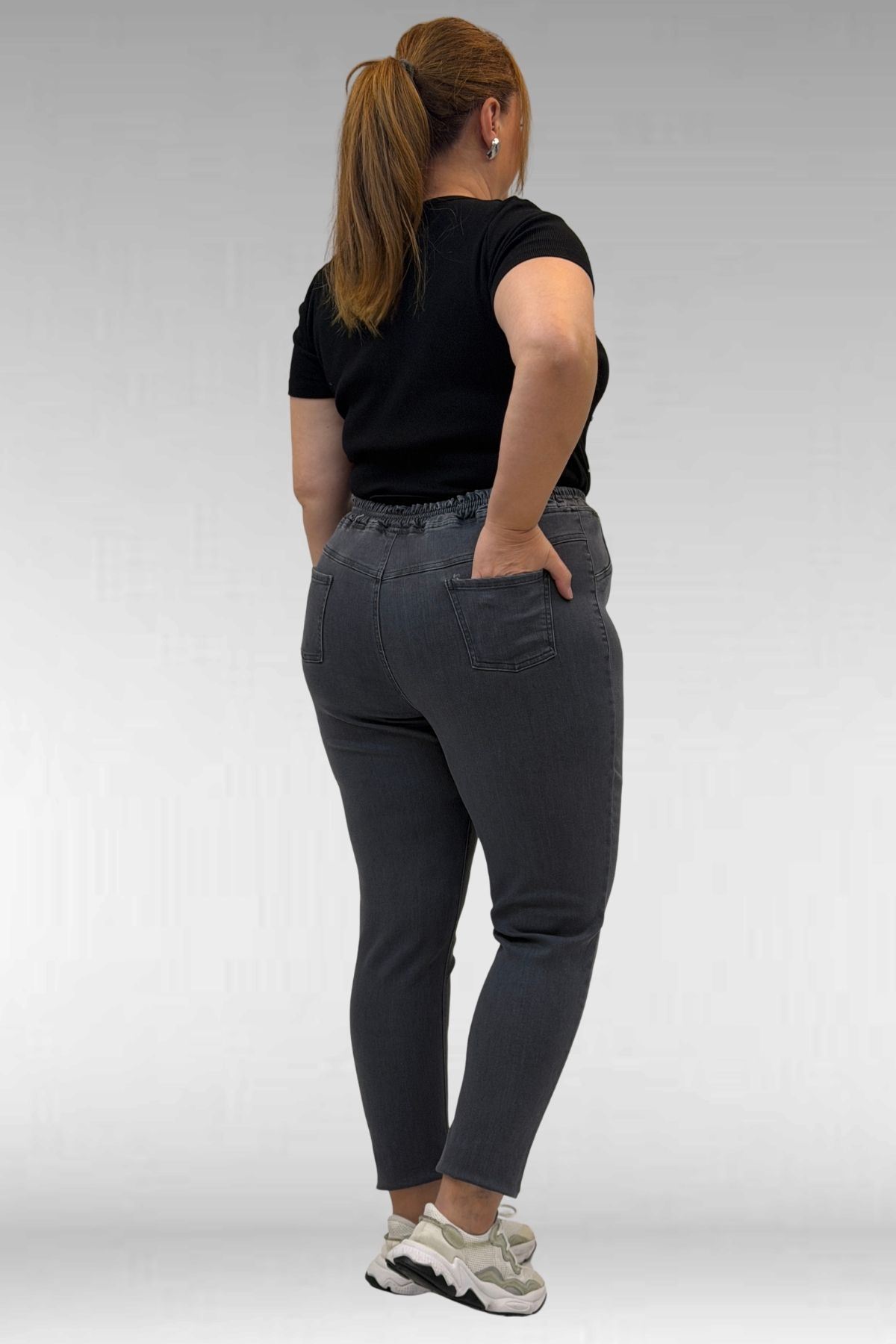 69002 Büyük Beden Beli Lastikli Darpaça Uzun Kot Pantolon - Koyu Gri