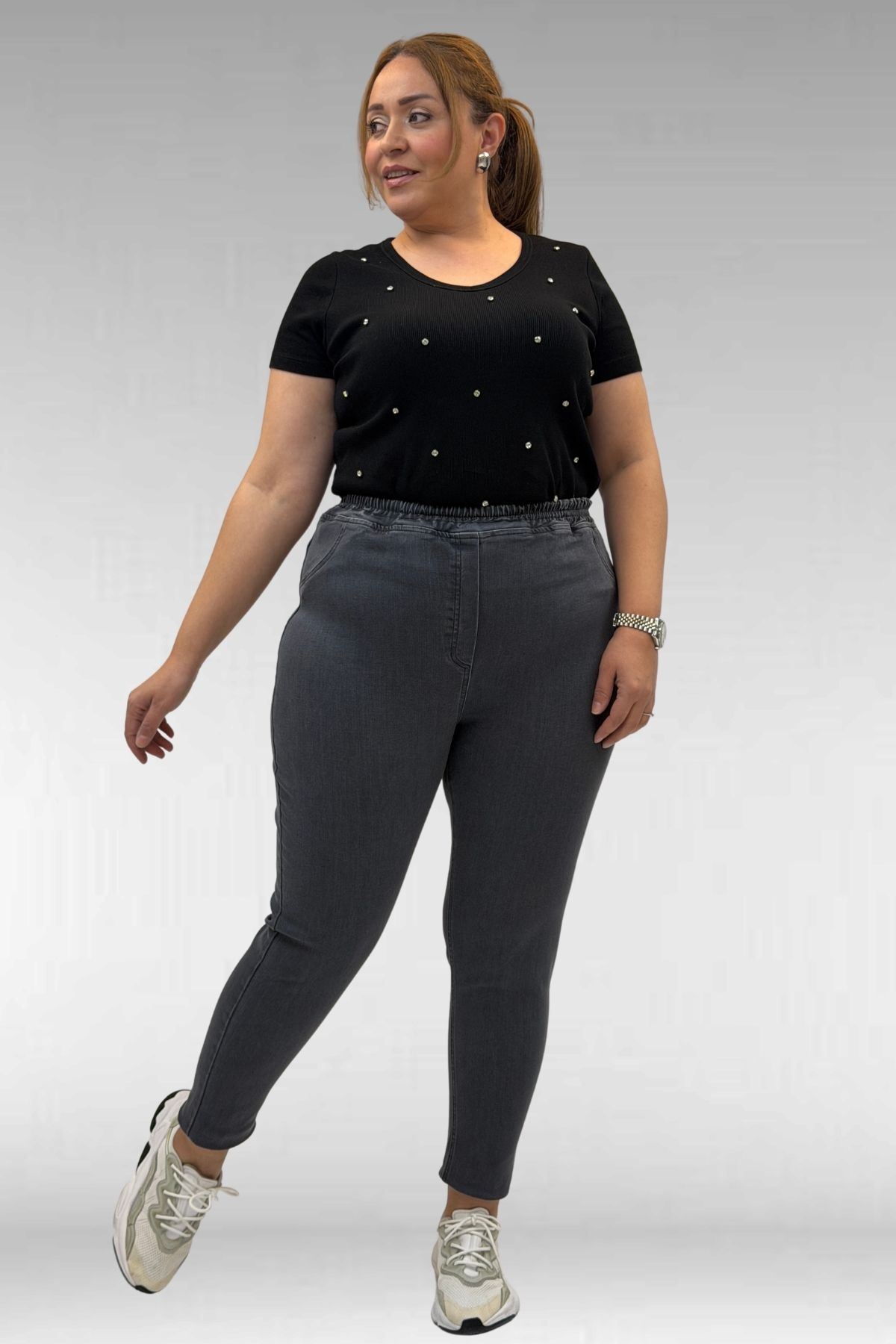 69002 Büyük Beden Beli Lastikli Darpaça Uzun Kot Pantolon - Koyu Gri