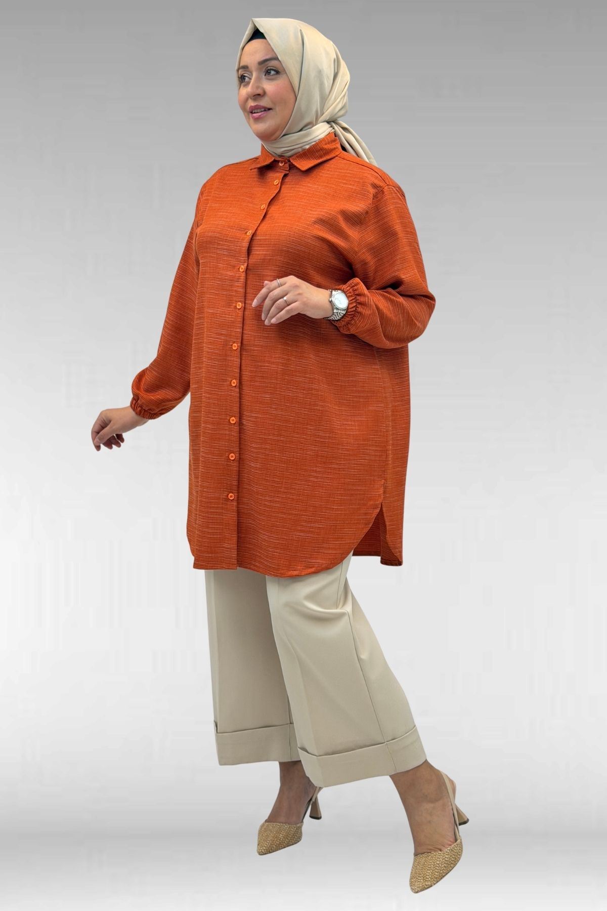 58068 Büyük Beden Erkek Yakalı Gömlek - Kiremit Kırçıllı