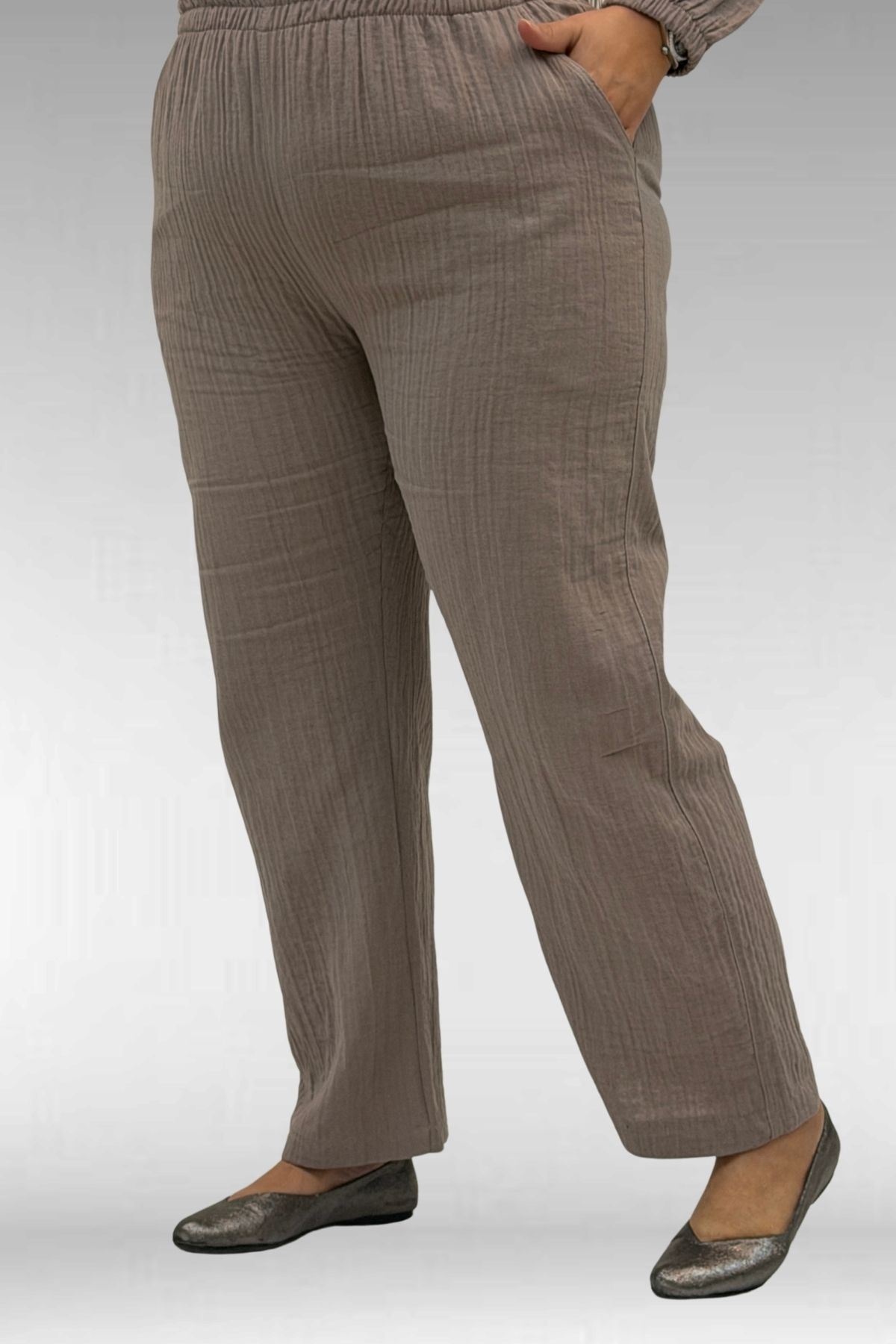 67044 Büyük Beden Asimetrik Kesim Pantolonlu Müslin Takım - Vizon