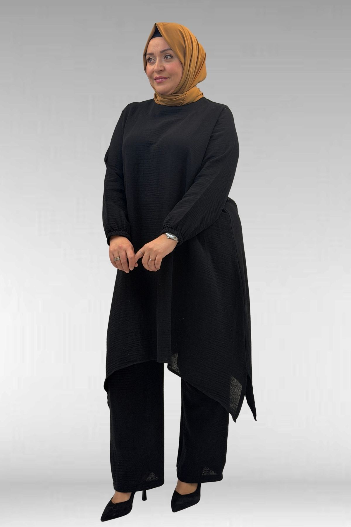 67044 Büyük Beden Asimetrik Kesim Pantolonlu Müslin Takım - Siyah