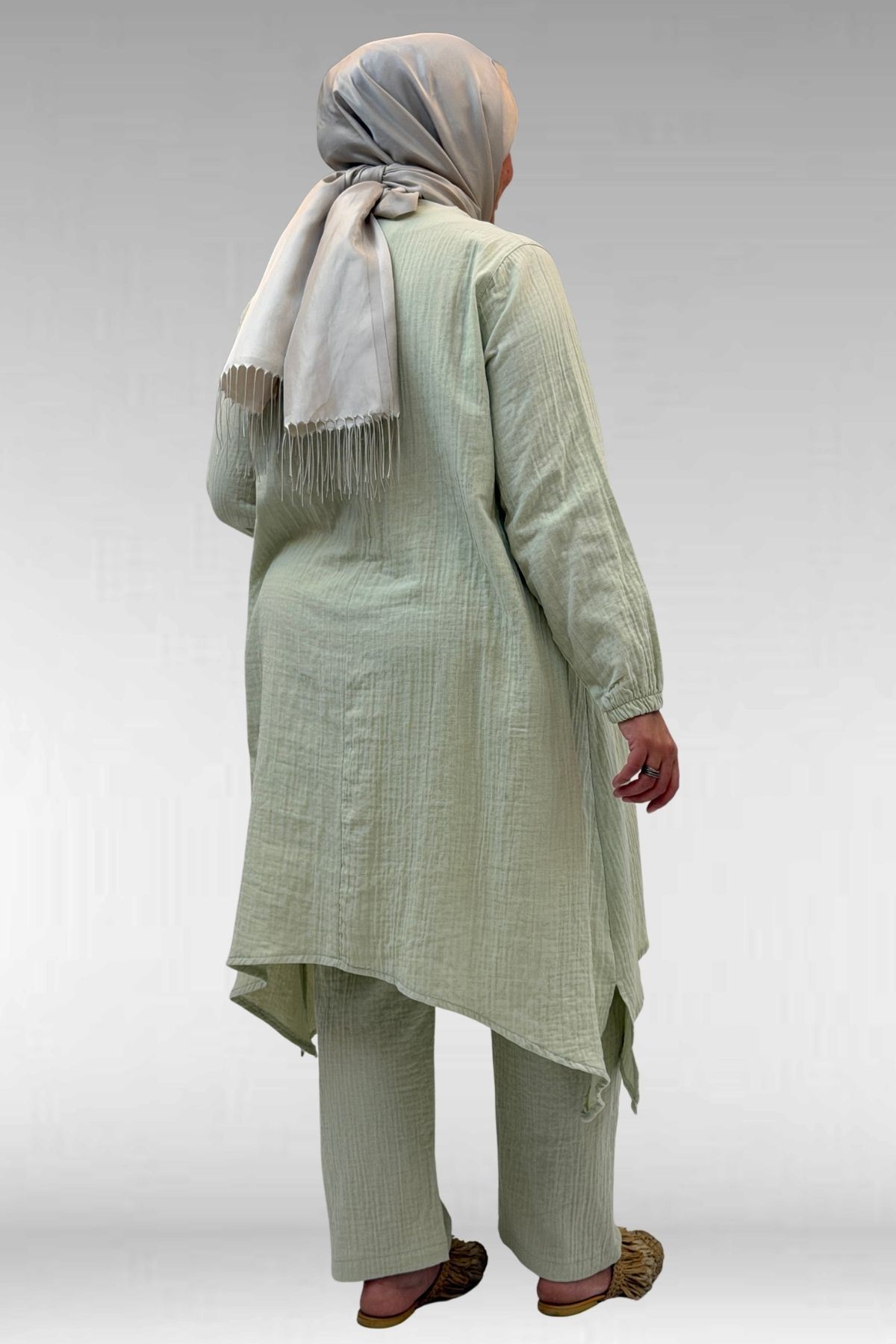 67044 Büyük Beden Asimetrik Kesim Pantolonlu Müslin Takım - Su Yeşili