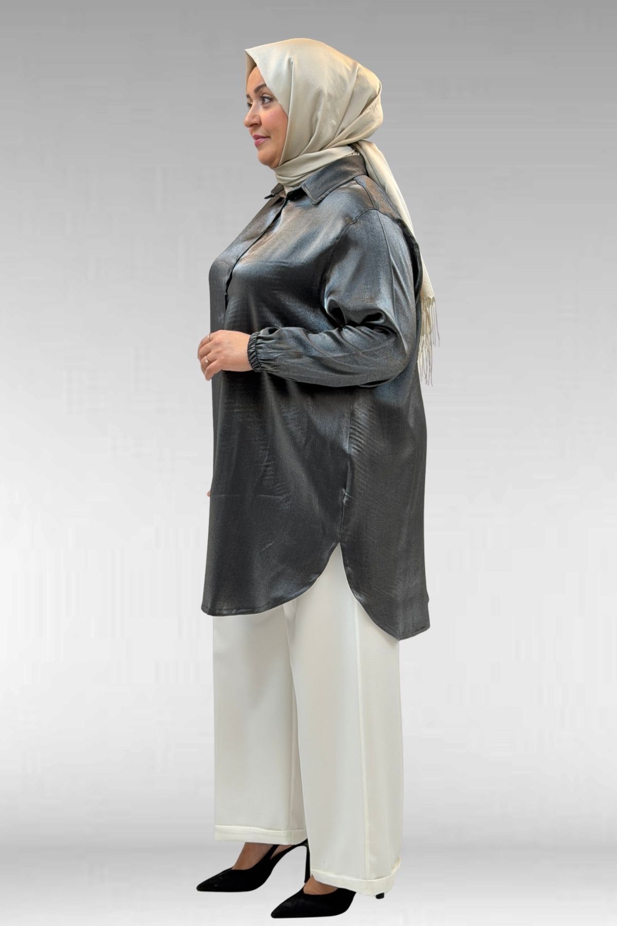 58085-1 Büyük Beden Kolları Lastikli Star Gömlek - Siyah