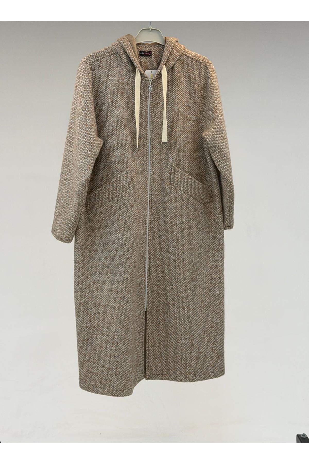 T-43074 Büyük Beden Kapşonlu Fermuarlı Kuzu Kap - Bej