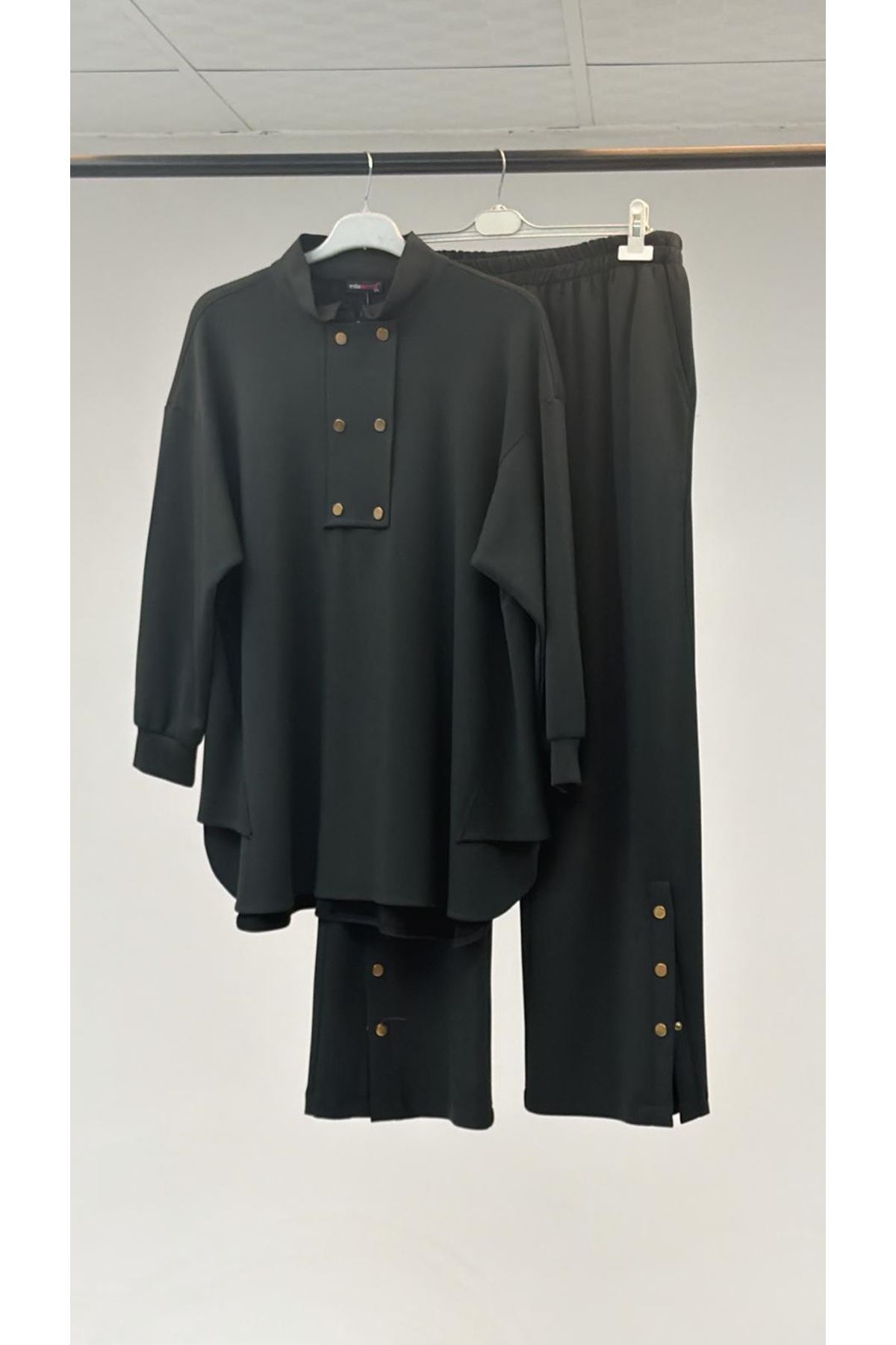 T-57034 Büyük Beden Çift Düğme Detaylı Modal Pantolonlu Takım - Haki