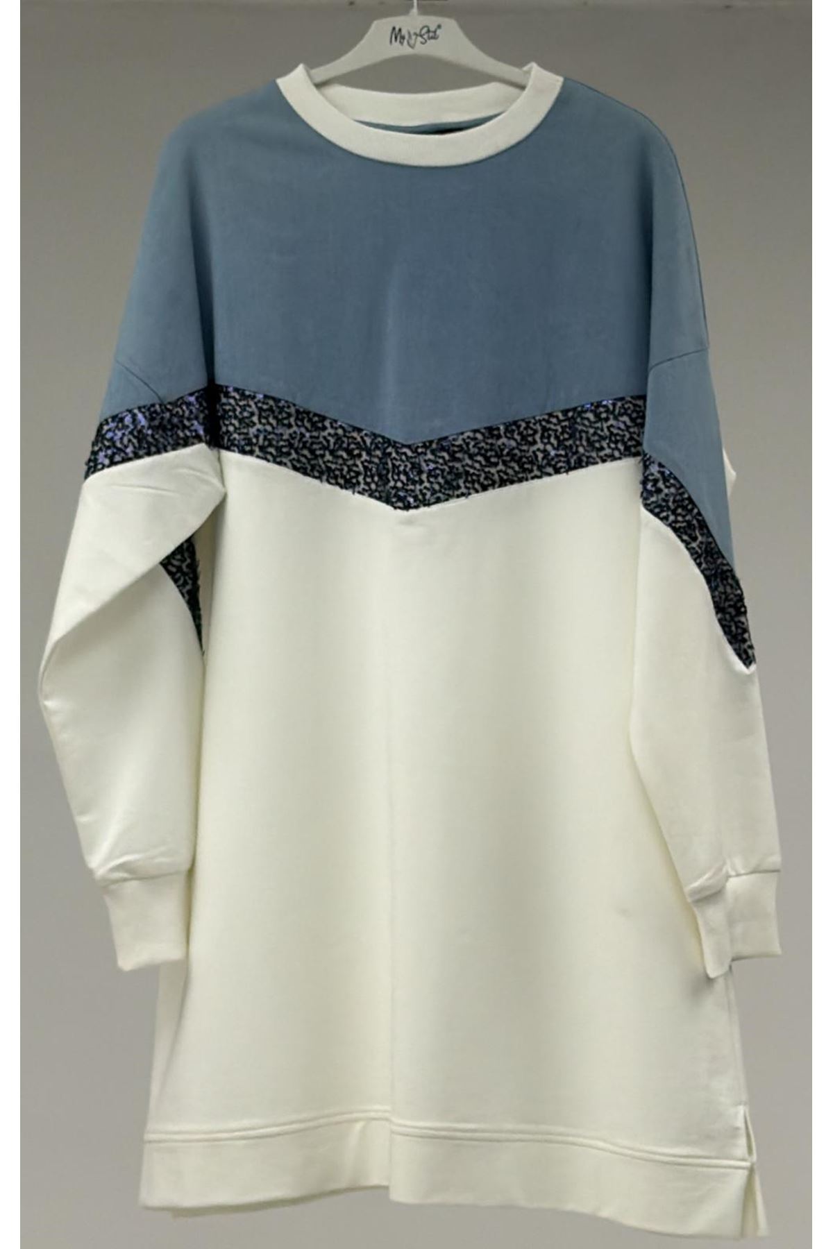 T-58084 Büyük Beden Parçalı Taş Detaylı Modal Tunik - Mavi Beyaz