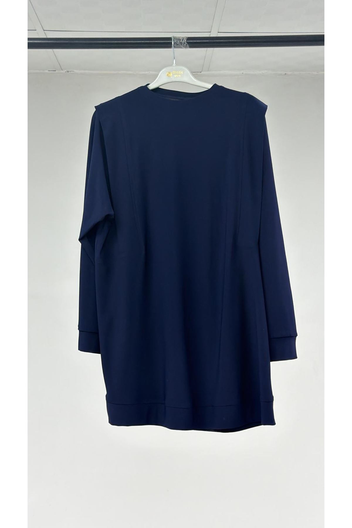 T-67022 Büyük Beden Omzu Taş Detaylı Sandy Pantolonlu Takım Üstü - Lacivert