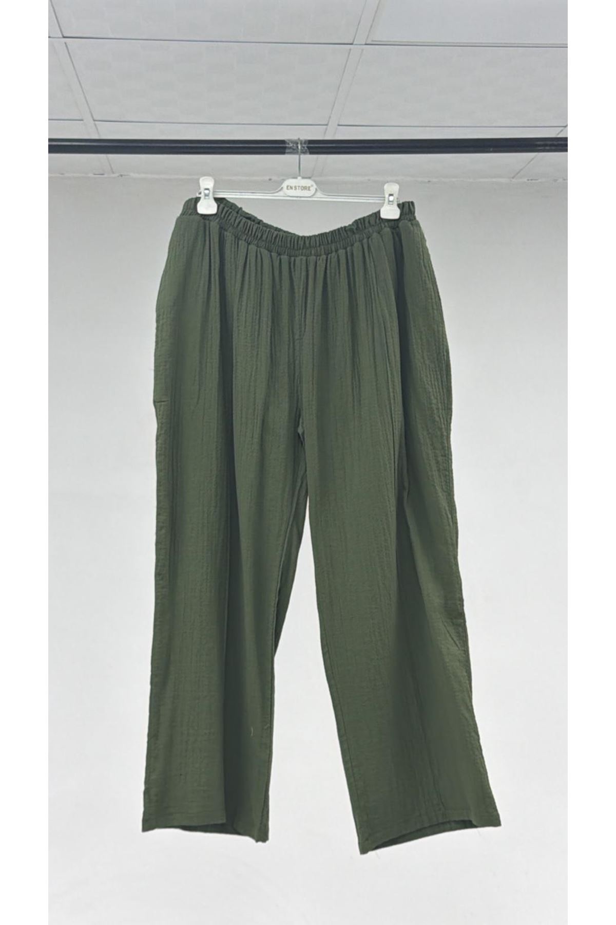 T-67015 Büyük Beden Cepleri D Toka Detaylı Müslin Pantolonlu Takım Pantolonu - Haki