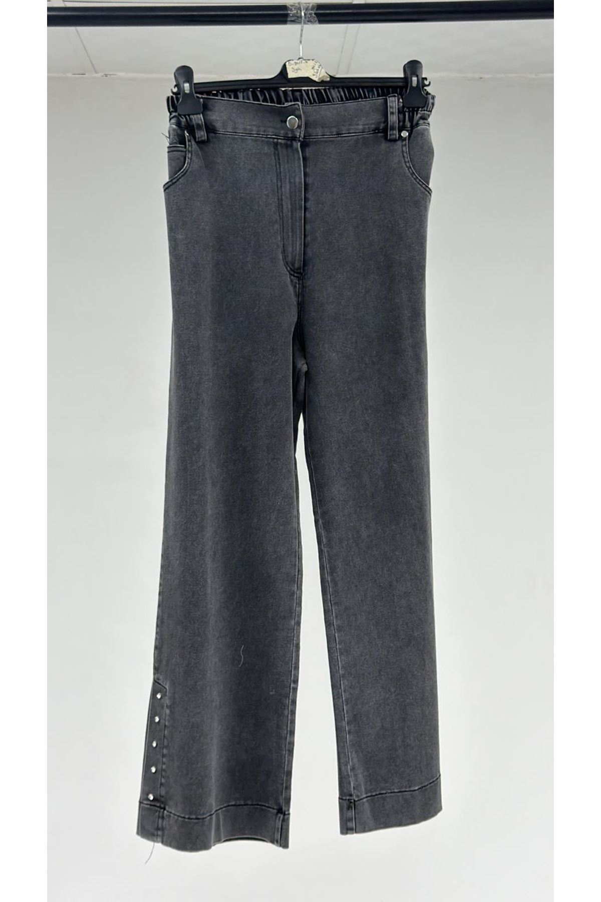 T-59024 Büyük Beden Paçasında Taş Detaylı Kot Pantolon - Antrasit