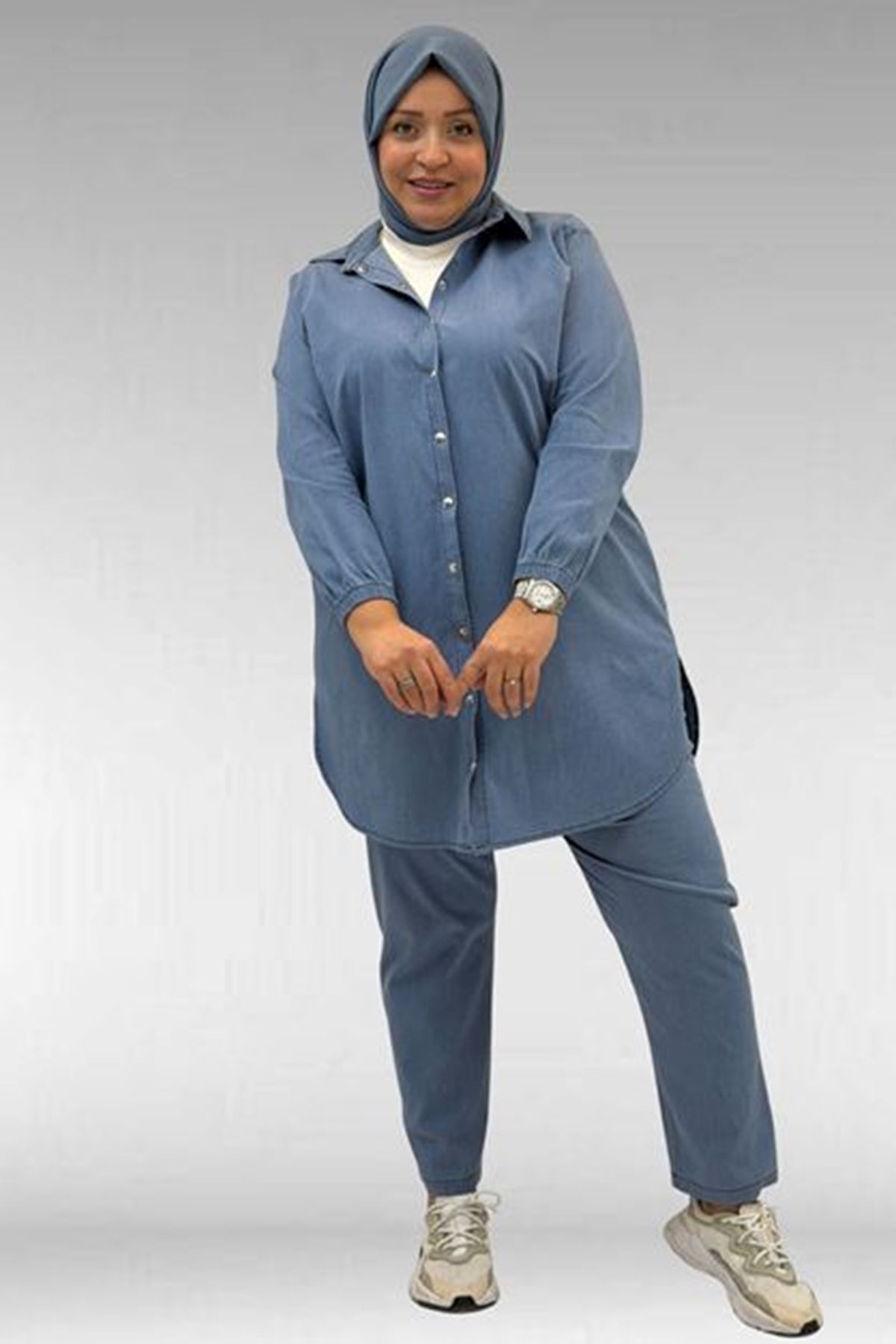 D-67042 Büyük Beden Kolları Lastikli Pantolonlu Takım - Mavi