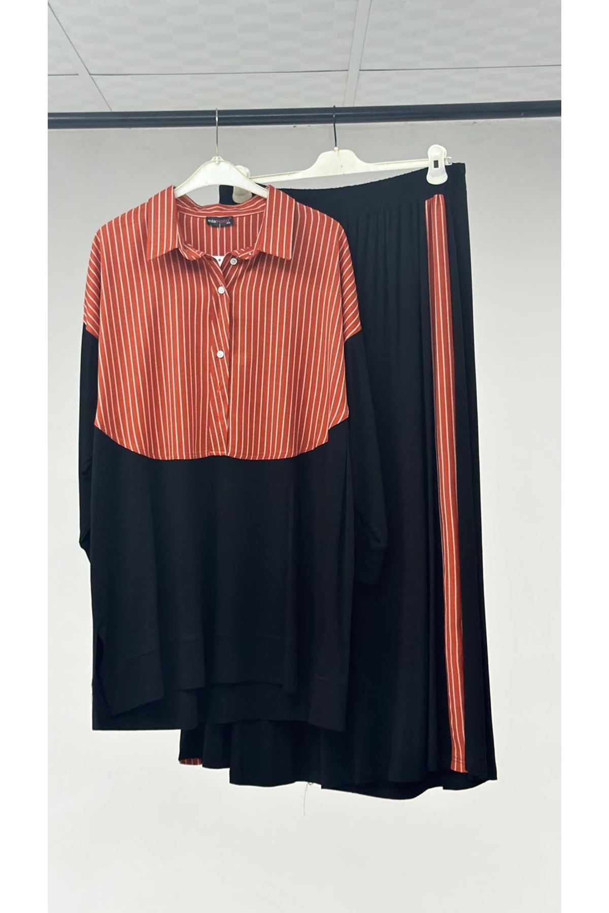 T-57016  Büyük Beden Erkek Yaka Kombinli Pantolonlu Takım - çizgili kiremit - siyah