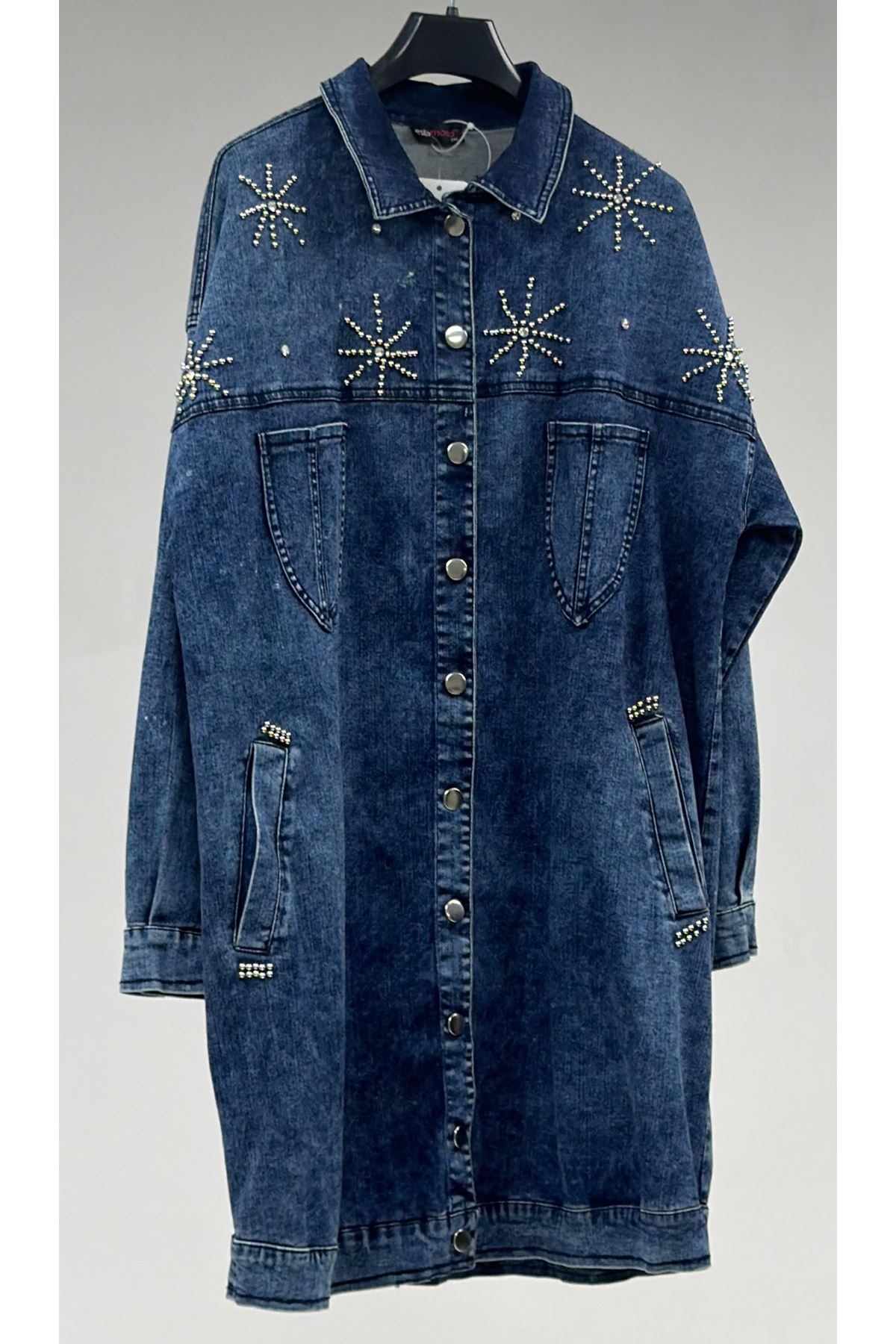 T-53022 Büyük Beden Yıldız İnci Çakma Detaylı Kot Ceket -  Lacivert