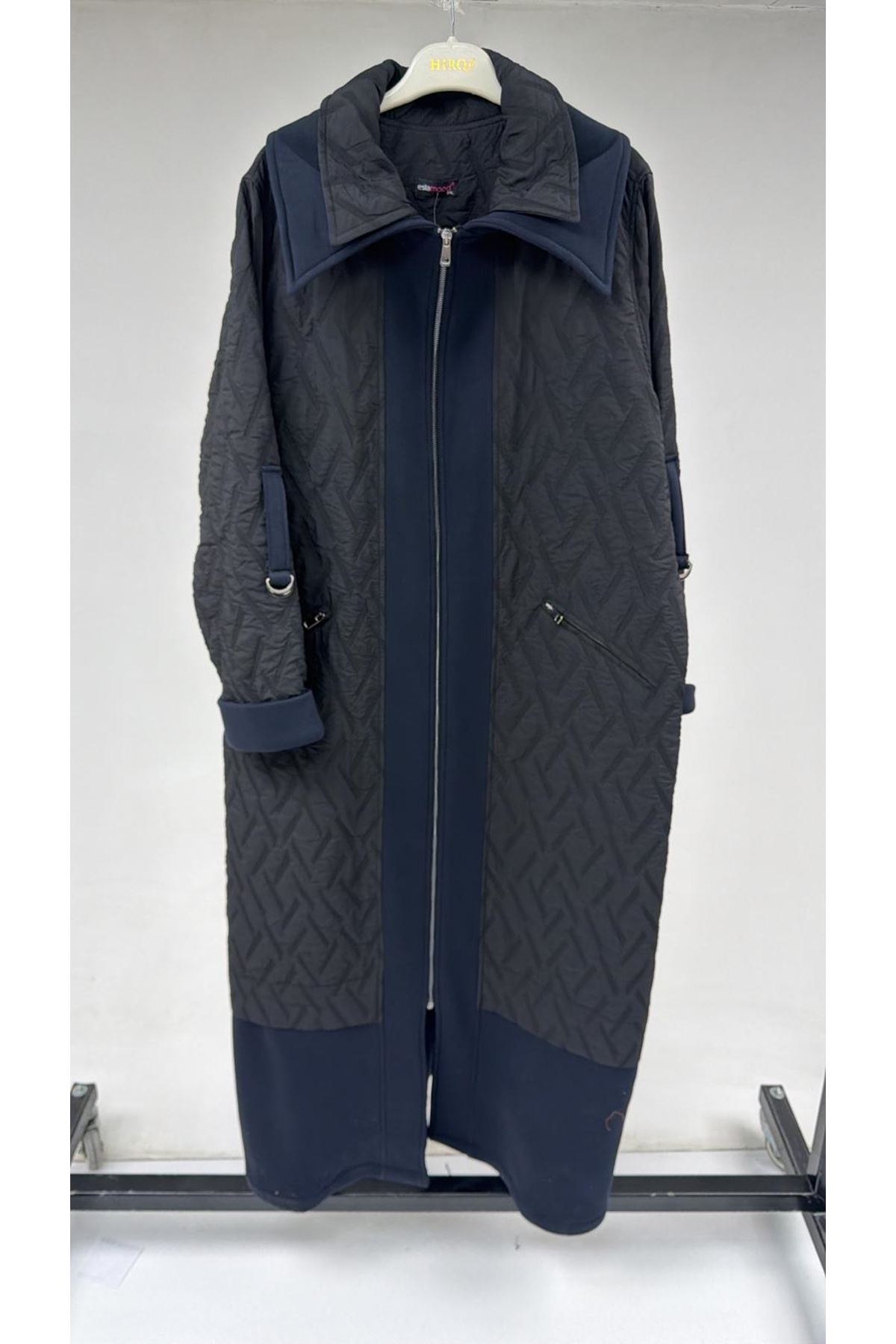 T-46018 Büyük Beden Fermuar Cepli Modal-Kapitone Kaban - Siyah-Lacivert