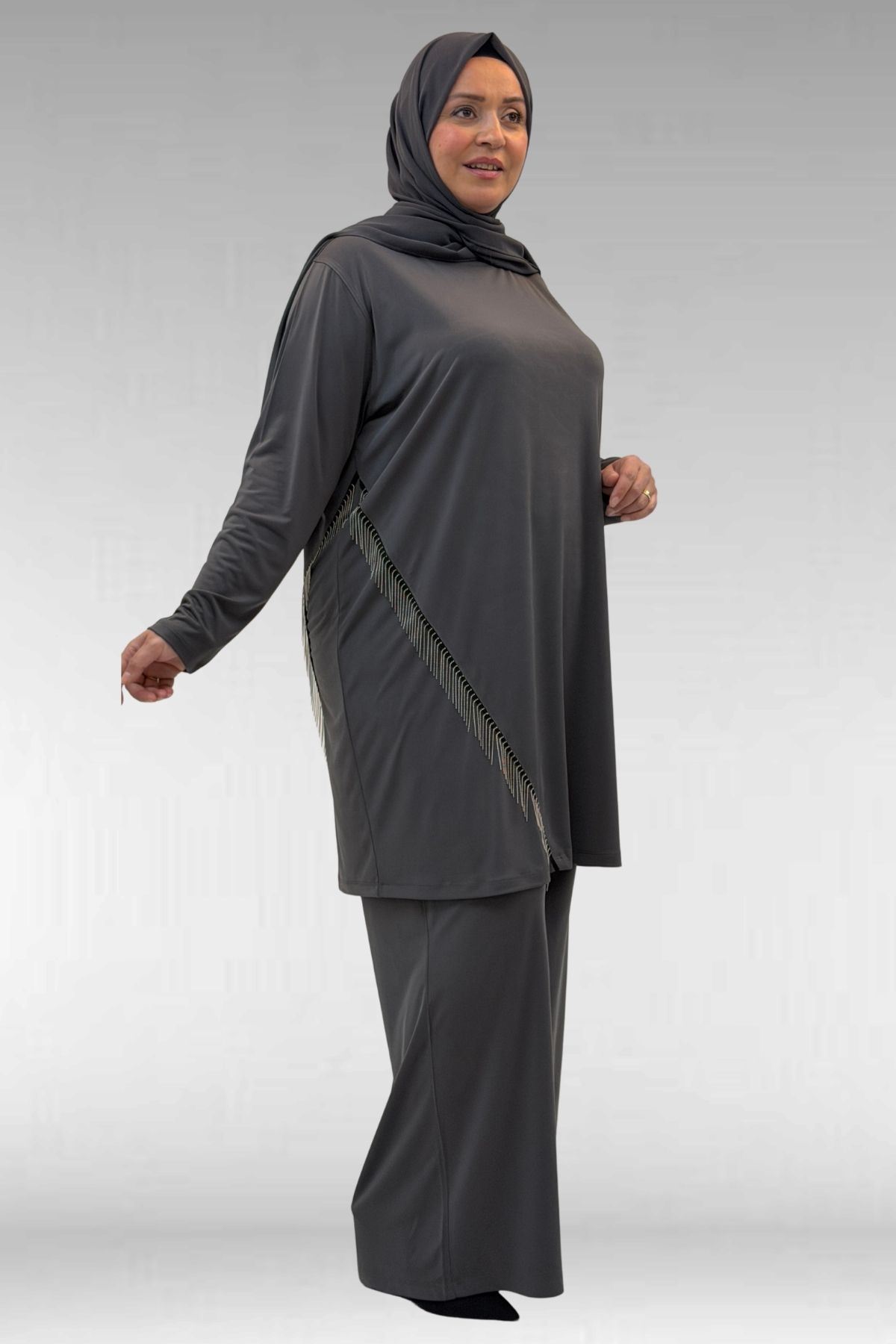 67043 Büyük Beden Püskül Detaylı Sandy Pantolonlu Takım - Antrasit