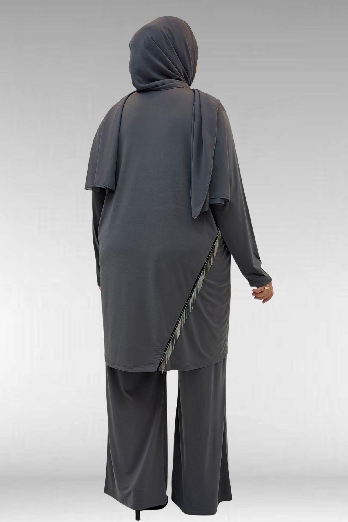 67043 Büyük Beden Püskül Detaylı Sandy Pantolonlu Takım - Antrasit