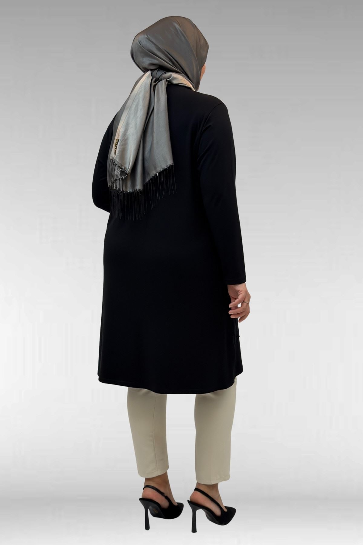 68004 Büyük Beden Çıma Detaylı Penye Tunik - Siyah