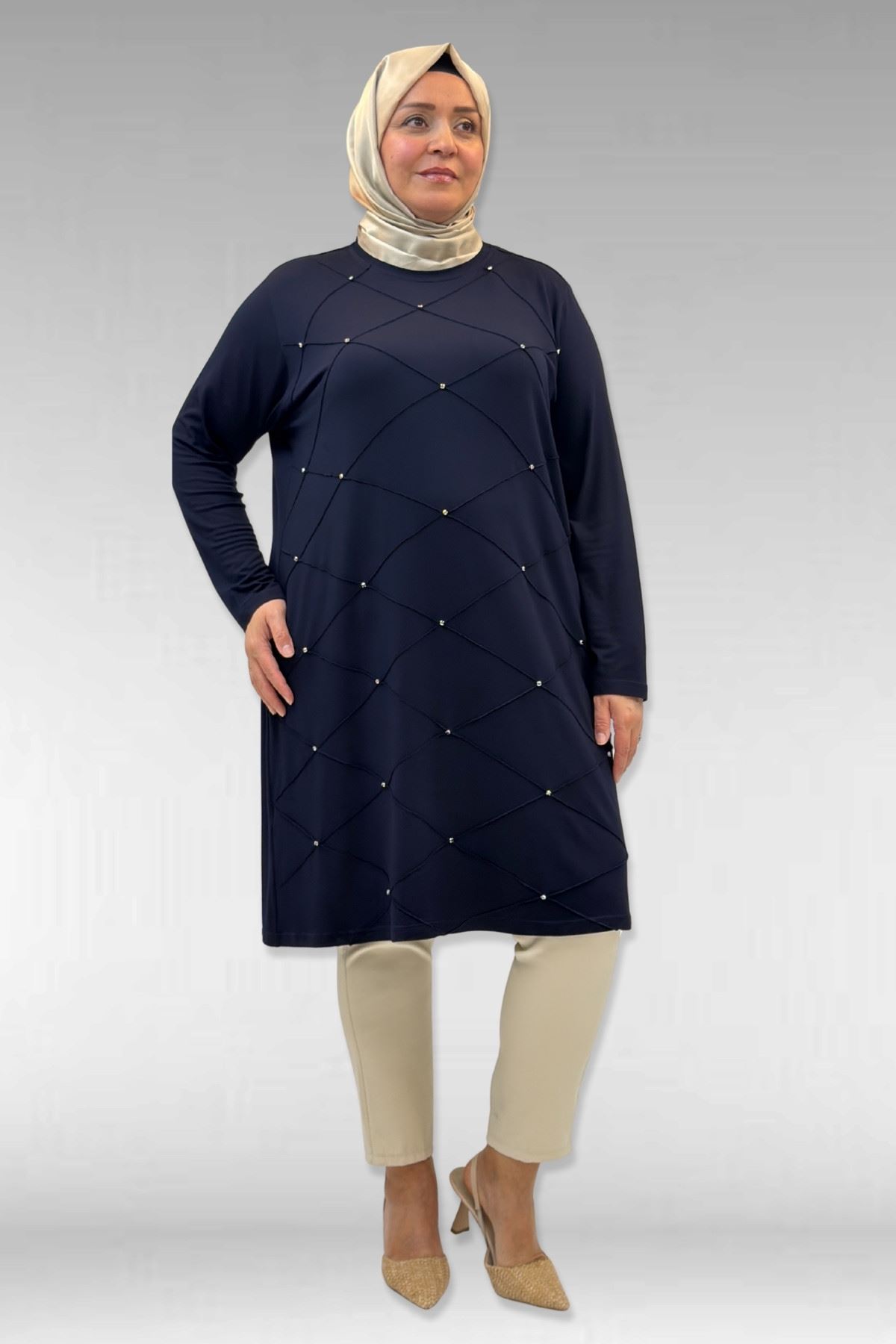 68004 Büyük Beden Çıma Detaylı Penye Tunik - Lacivert