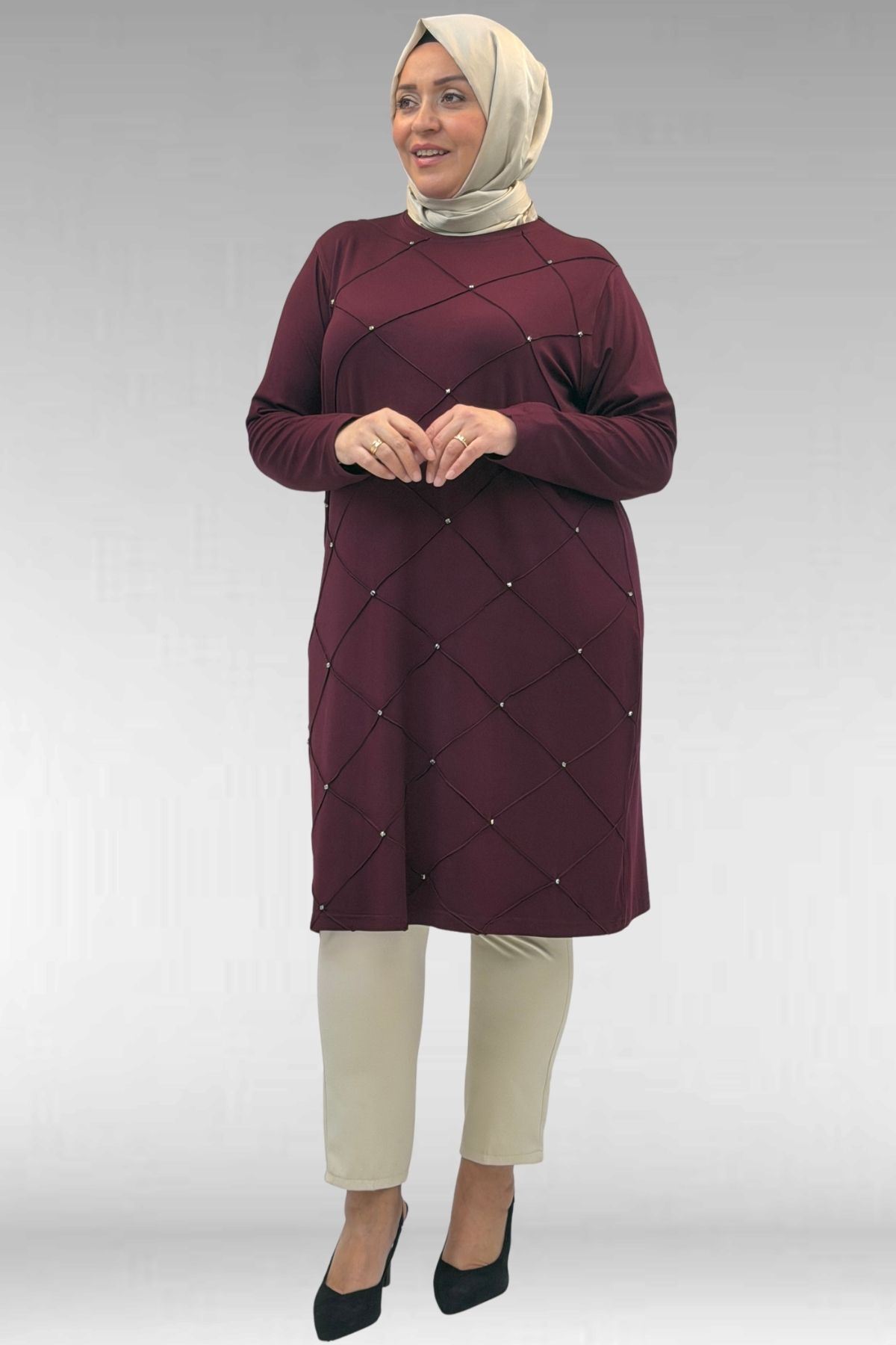 68004 Büyük Beden Çıma Detaylı Penye Tunik - Bordo