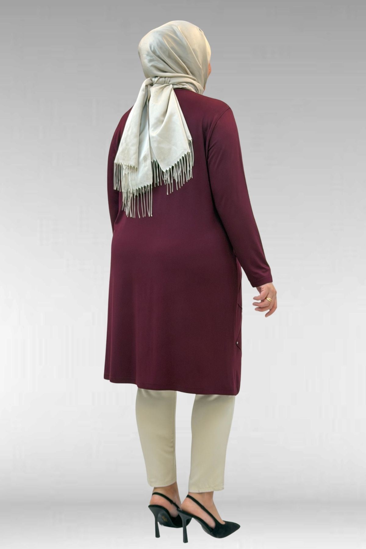 68004 Büyük Beden Çıma Detaylı Penye Tunik - Bordo