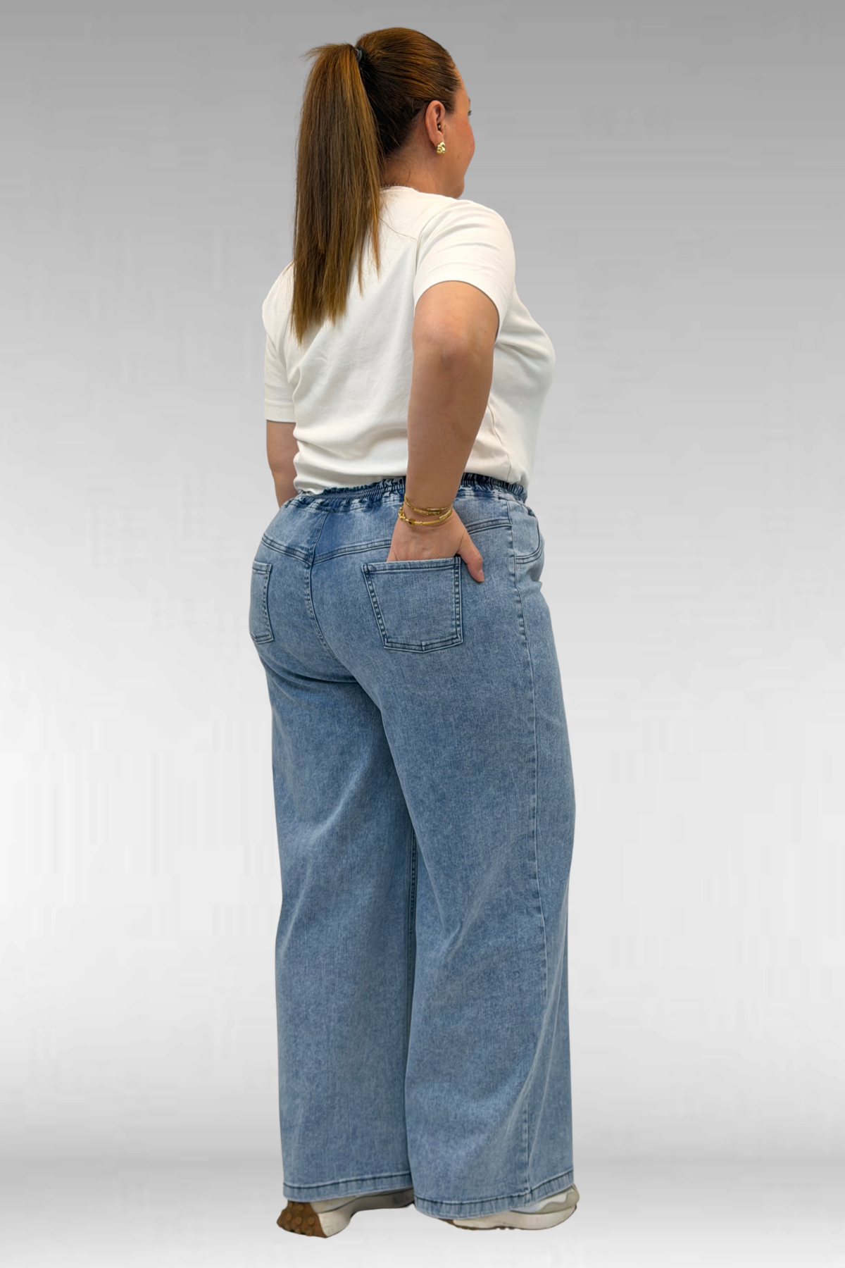 69003 Büyük Beden Beli Lastikli Bolpaça Kot Pantolon - Kar Yıkama Mavi