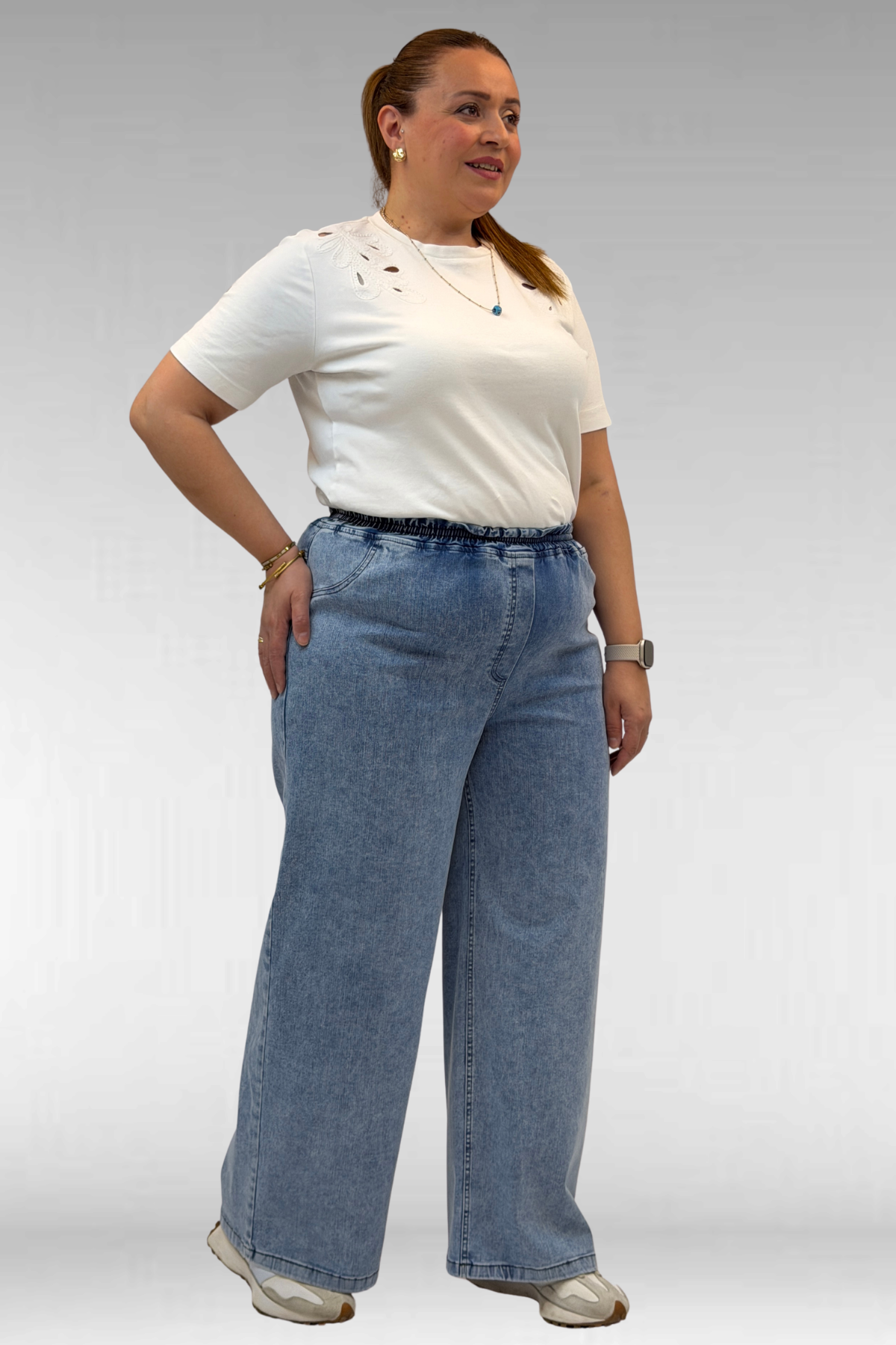 69003 Büyük Beden Beli Lastikli Bolpaça Kot Pantolon - Kar Yıkama Mavi