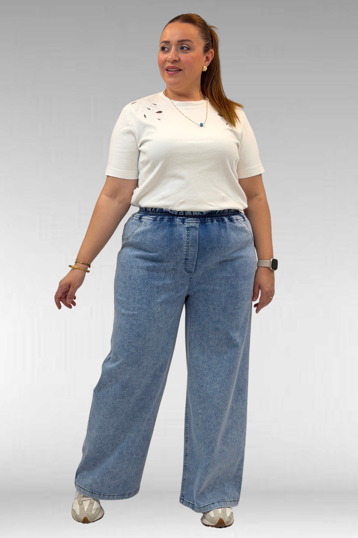 69003 Büyük Beden Beli Lastikli Bolpaça Kot Pantolon - Kar Yıkama Mavi