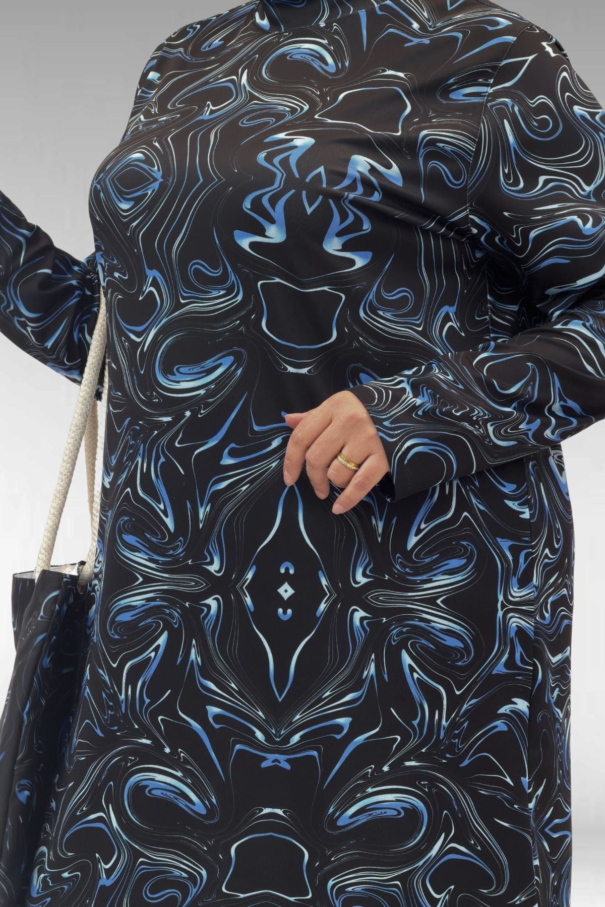 1727 Büyük Beden Uzunkol Tesettür Mayo Takım - Aqua Mavi-Siyah