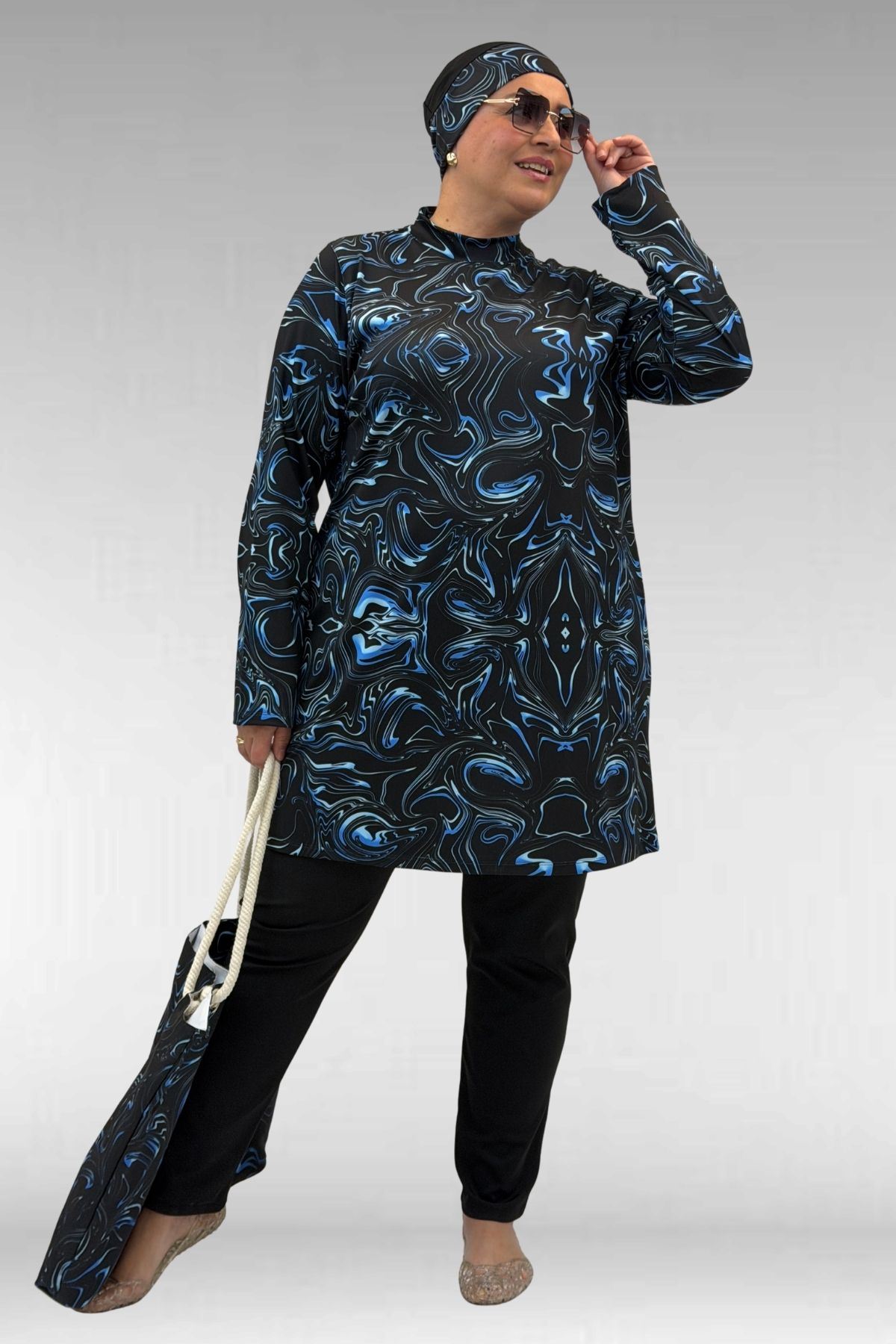 1727 Büyük Beden Uzunkol Tesettür Mayo Takım - Aqua Mavi-Siyah