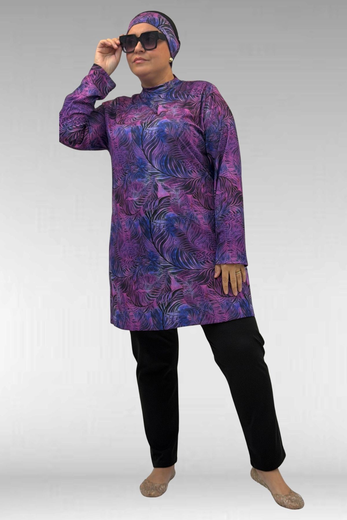 1727 Büyük Beden Uzunkol Tesettür Mayo Takım - Yaprak Desen Mor-Siyah