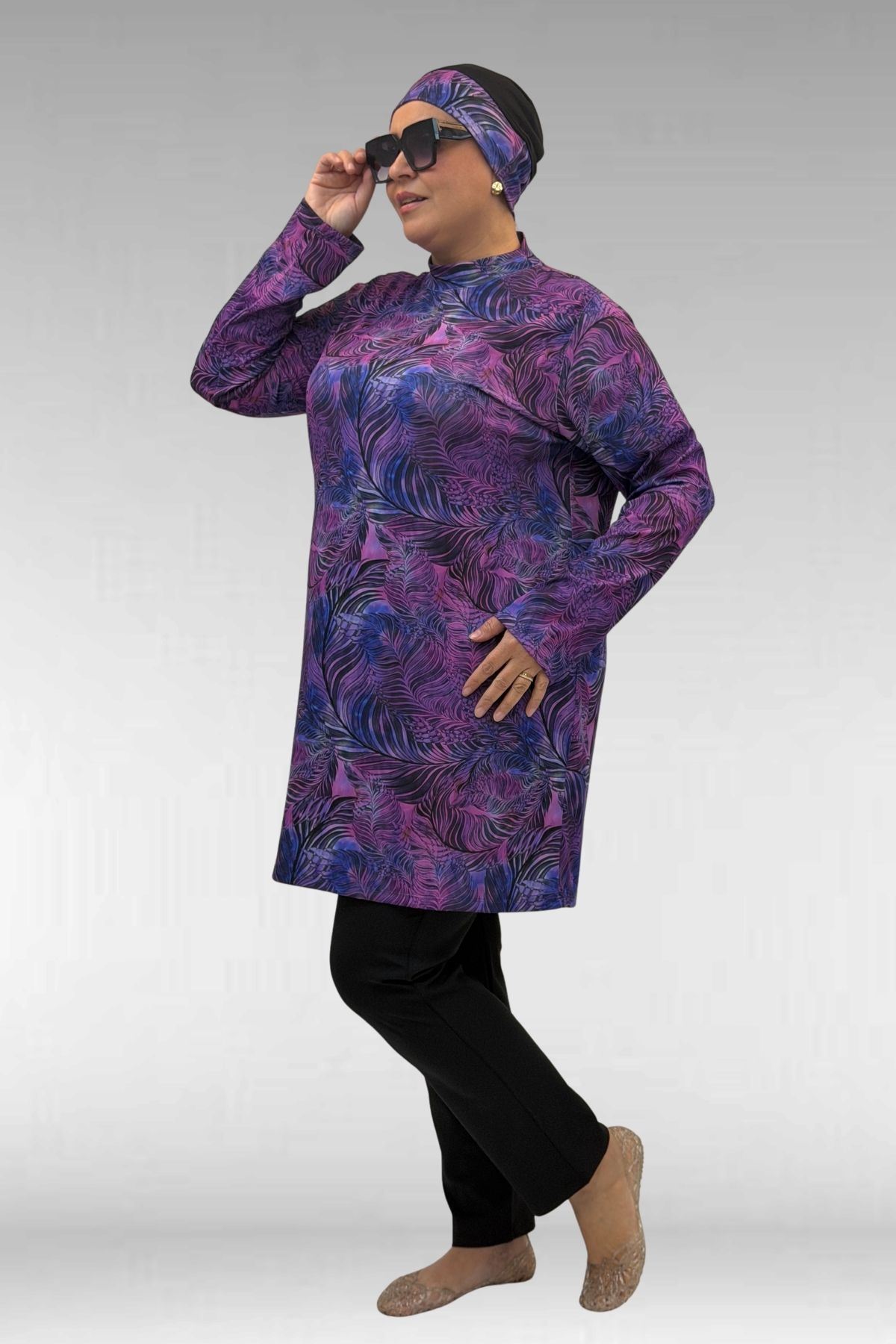 1727 Büyük Beden Uzunkol Tesettür Mayo Takım - Yaprak Desen Mor-Siyah