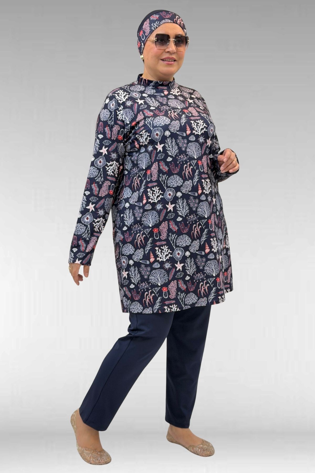 1727 Büyük Beden Uzunkol Tesettür Mayo Takım - Karışık Desen Laci-Laci