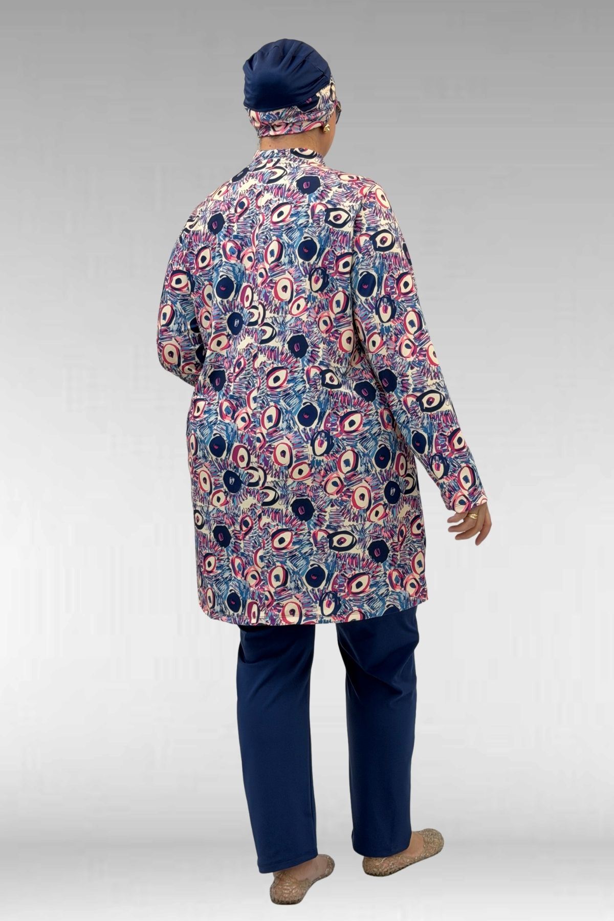 1727 Büyük Beden Uzunkol Tesettür Mayo Takım - Göz Desen İndigo-İndigo