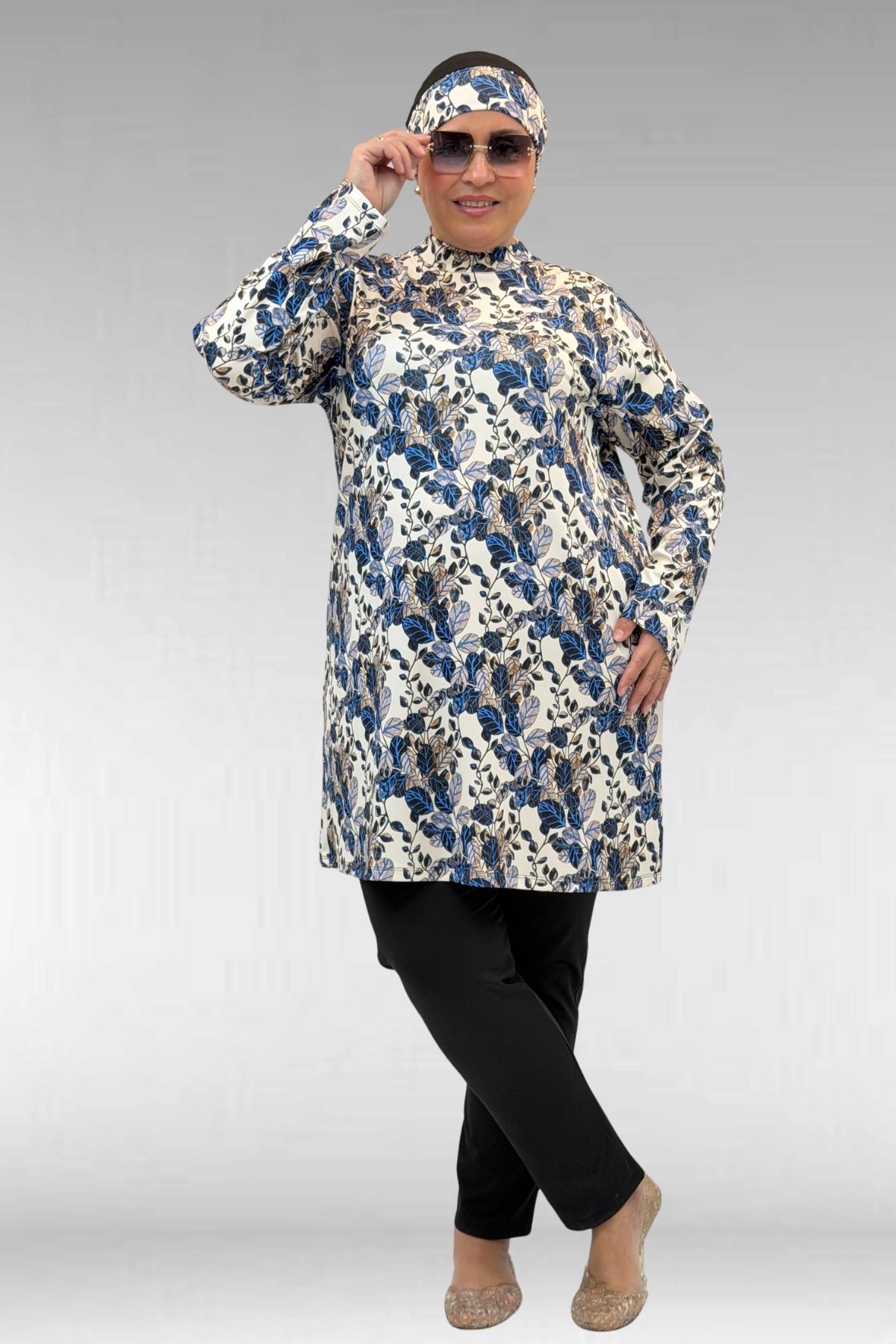 1727 Büyük Beden Uzunkol Tesettür Mayo Takım - Yaprak Desen Mavi-Siyah