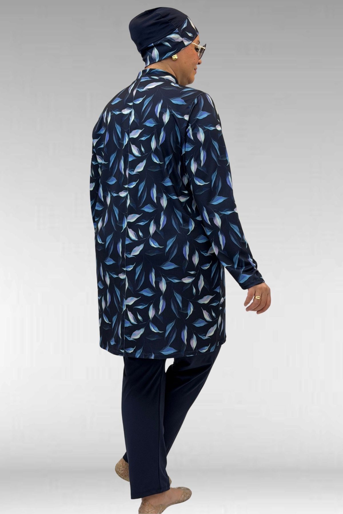 1727 Büyük Beden Uzunkol Tesettür Mayo Takım - Laci Yaprak Desenli-Laci