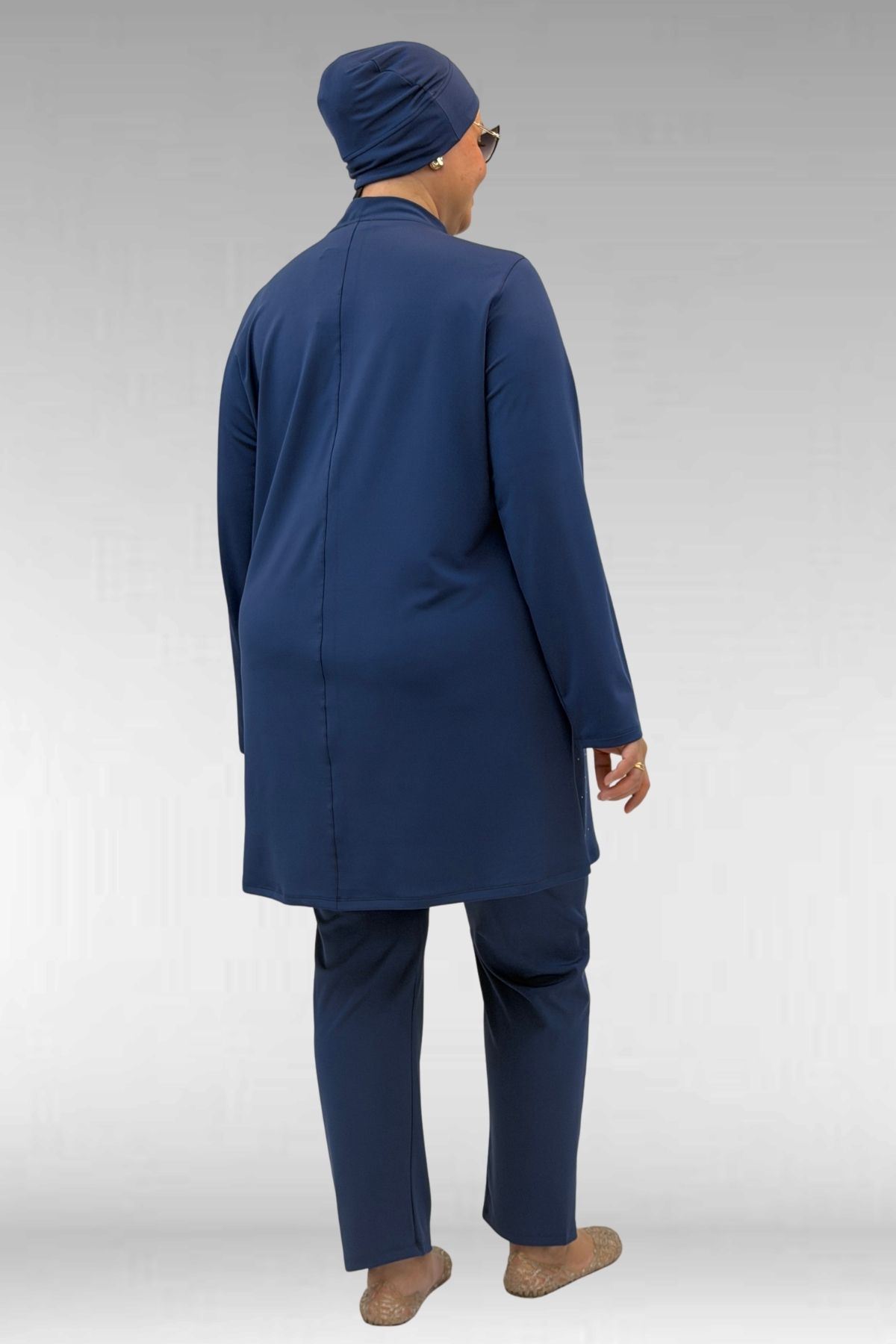 1739 Büyük Beden Önü Taş Baskılı Uzunkol Tesettür Mayo - İndigo