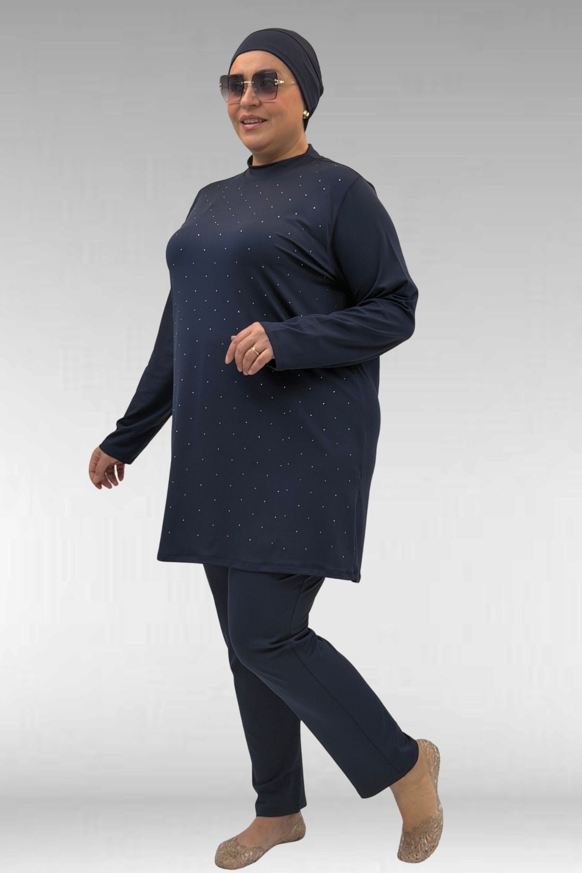 1739 Büyük Beden Önü Taş Baskılı Uzunkol Tesettür Mayo - Lacivert