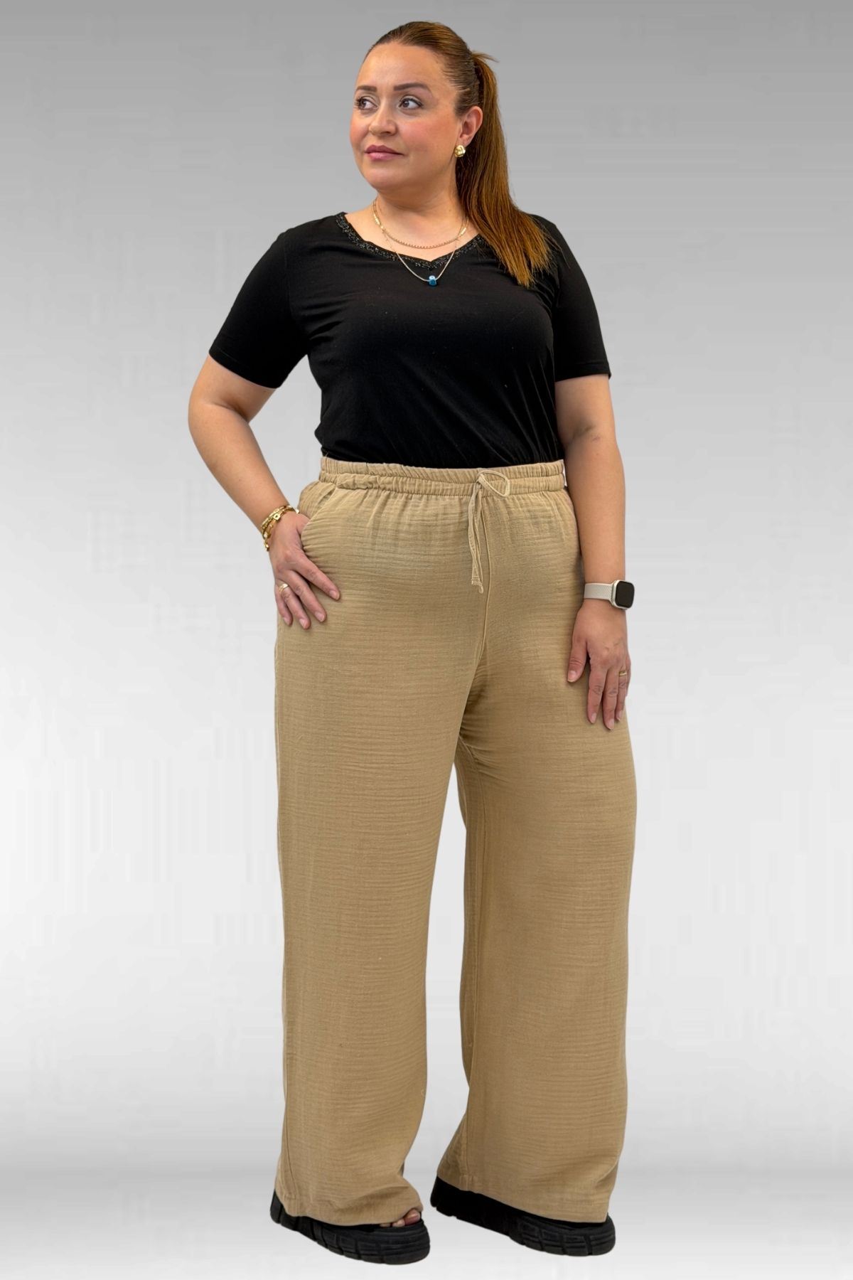 59021 Büyük Beden Beli Lastikli Müslin Bol Paça Pantolon - Vizon