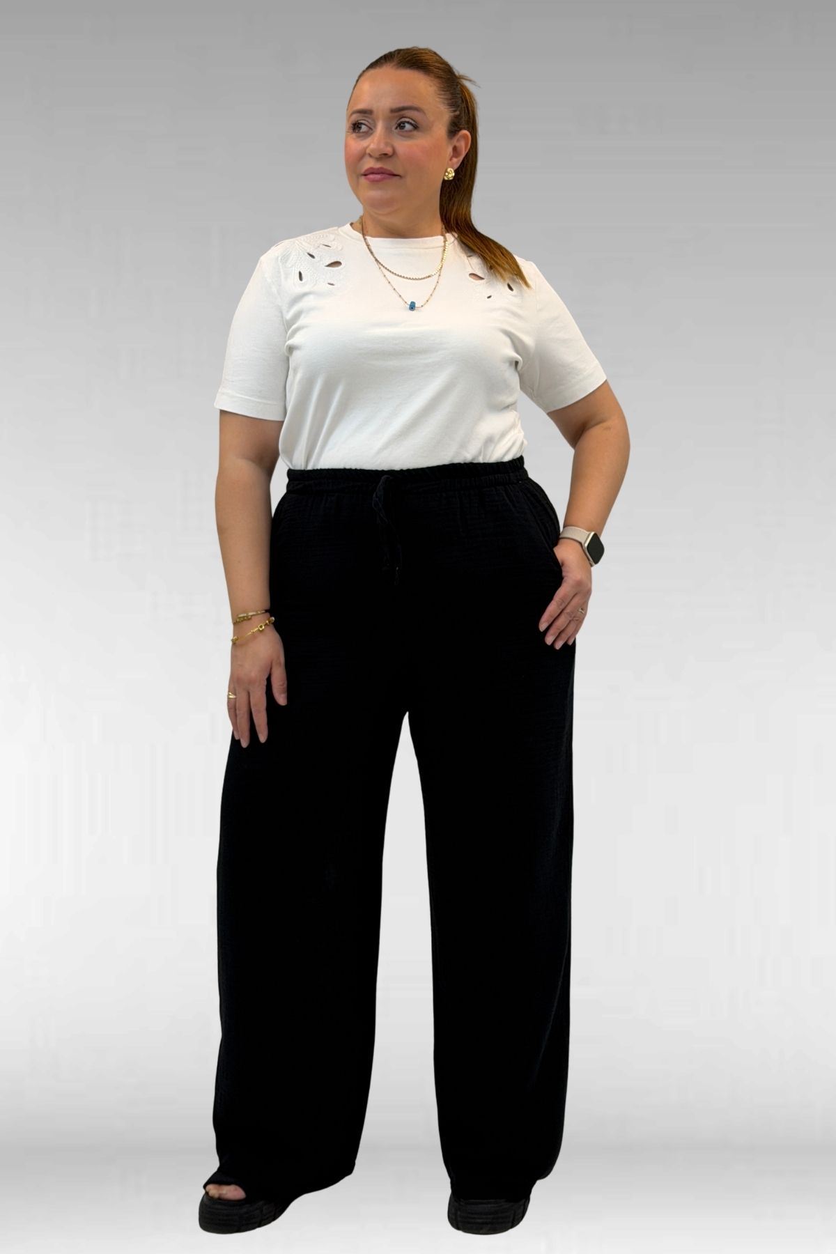 59021 Büyük Beden Beli Lastikli Müslin Bol Paça Pantolon - Siyah