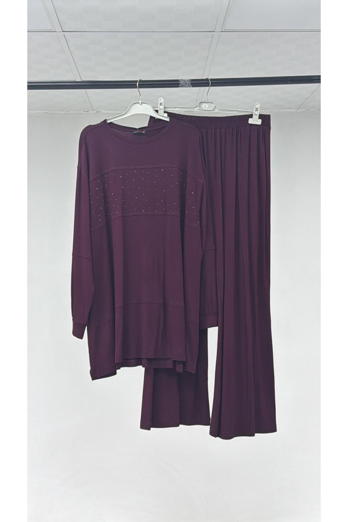 T-57080 Büyük Beden Taş Detaylı Penye Pantolonlu Takım - Bordo