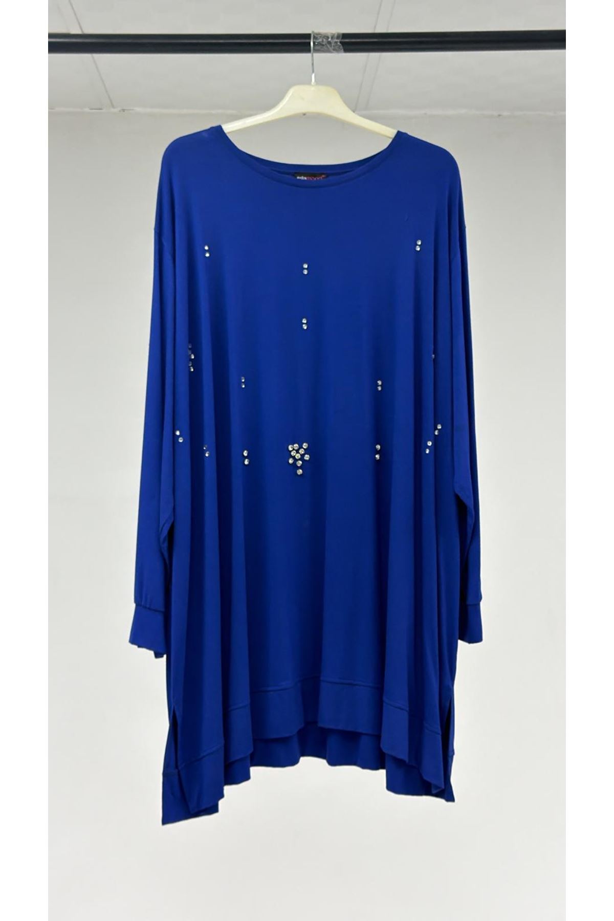 T-1103 Büyük Beden Taş Detaylı Penye Tunik - İndigo
