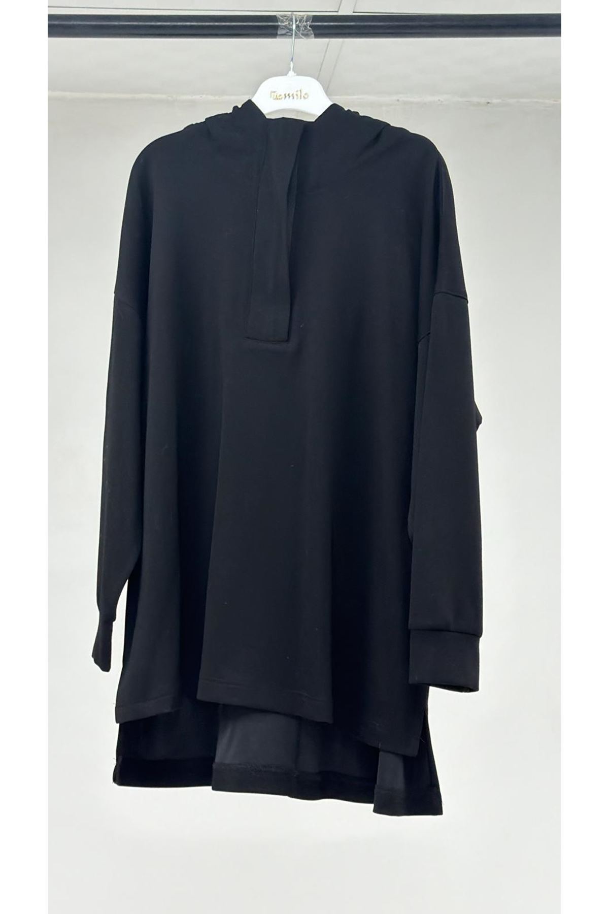 T-58135 Büyük Beden Kapşonlu Yarım Petlı Modal Tunik - Siyah