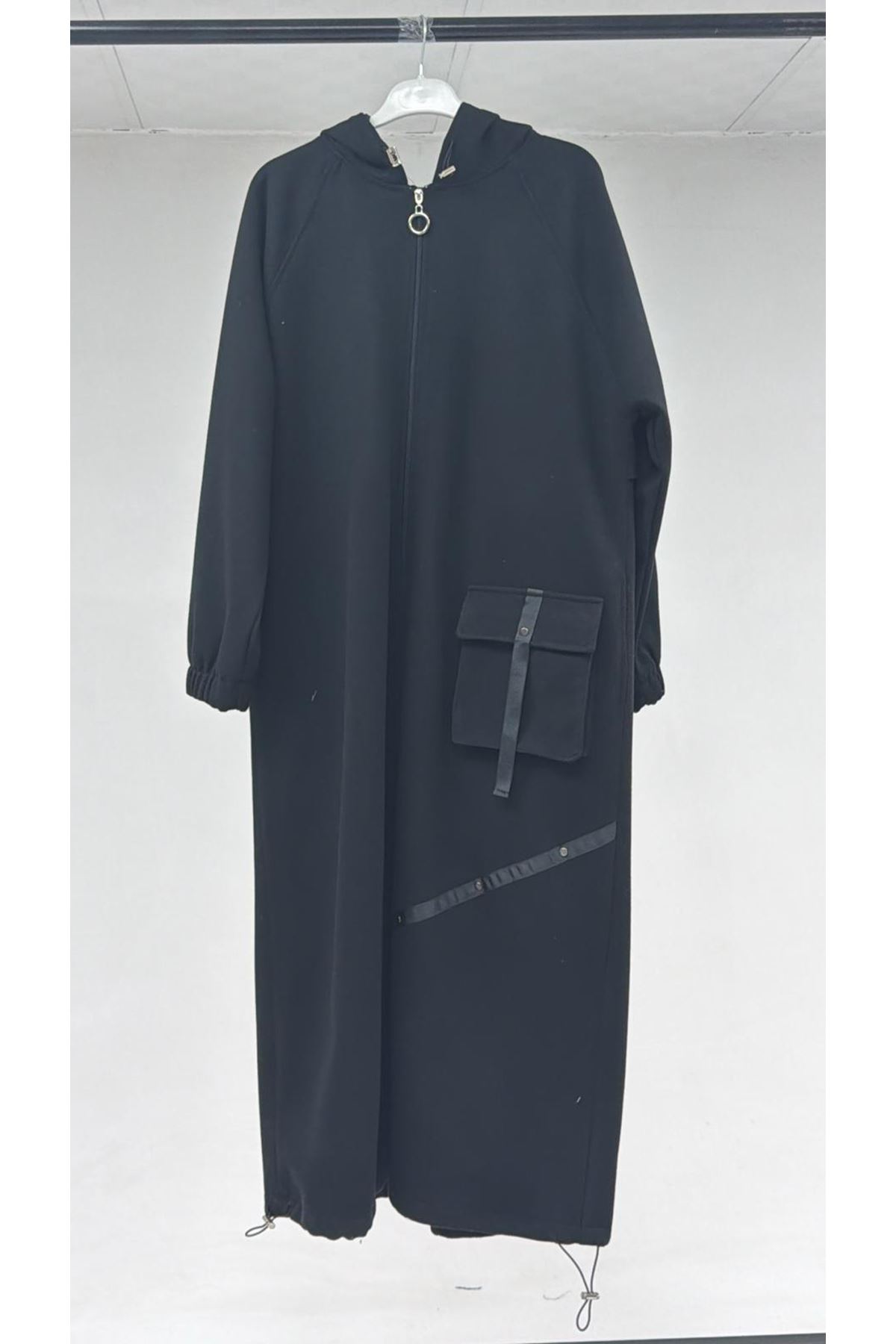 T-43082 Büyük Beden Eteği Bebe Lastikli Kaşe Kaban - Siyah