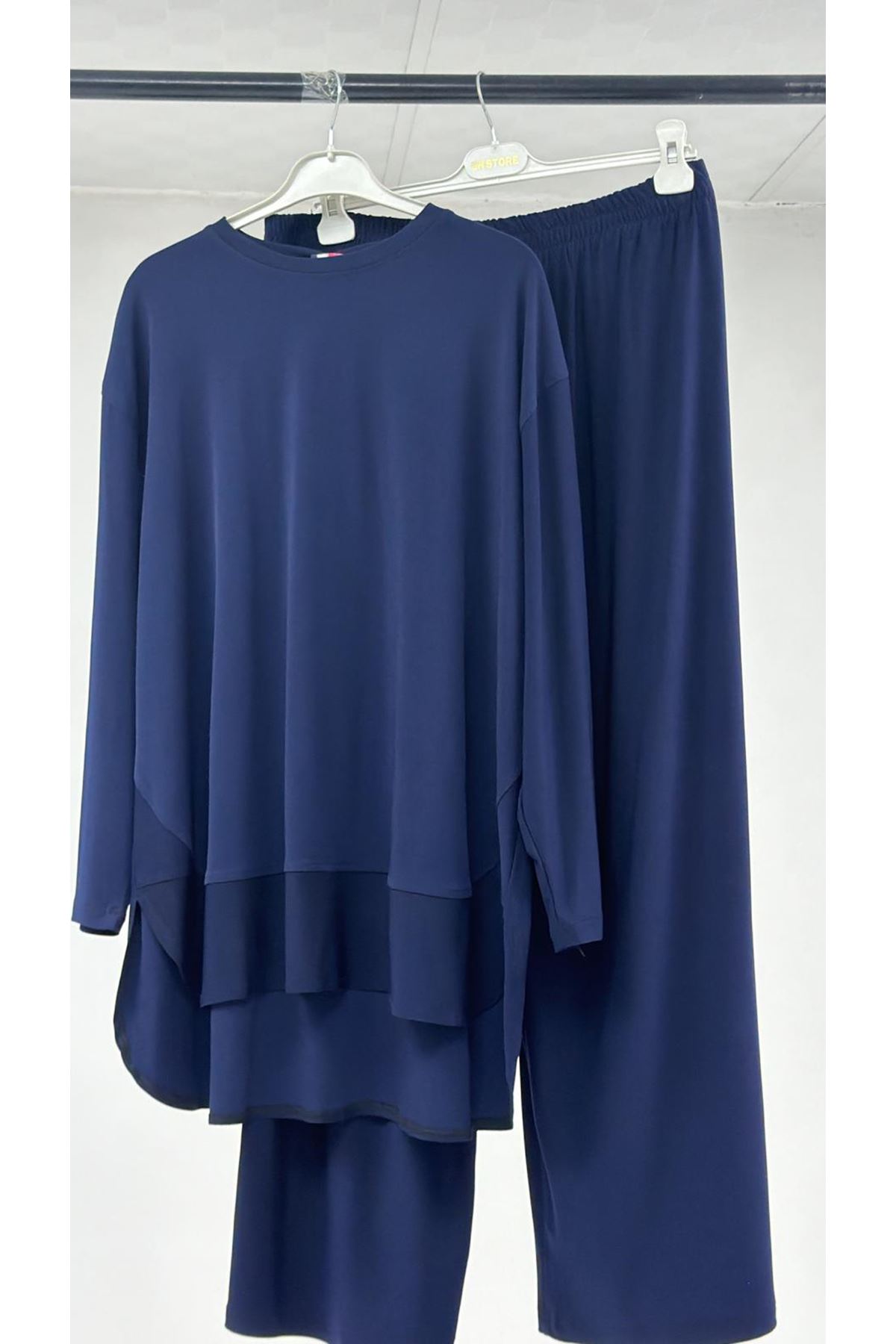 T-57046 Büyük Beden Eteği Oval Kesim Modal Pantolonlu Takım -  Lacivert