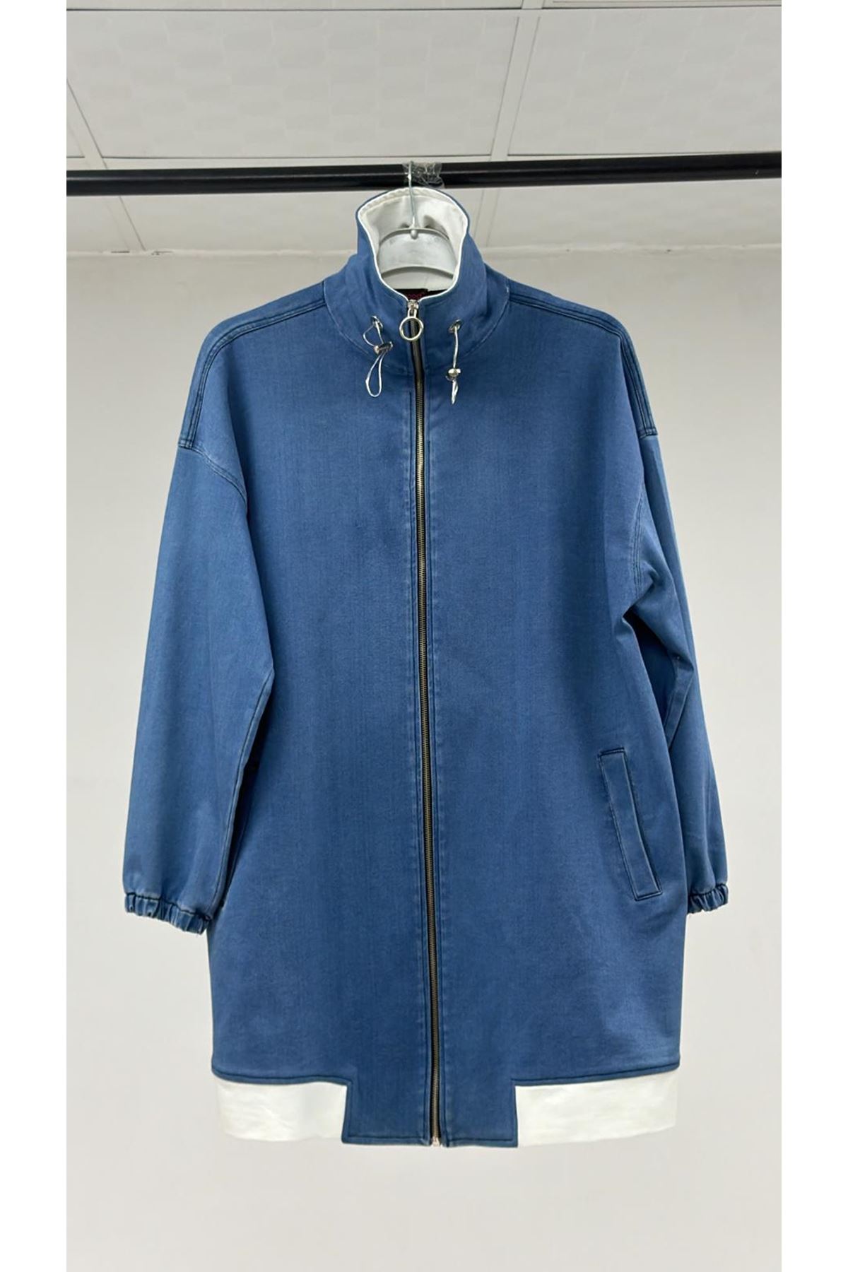 T-1106 Büyük Beden Fermuarlı Denim Ceket-  Mavi 